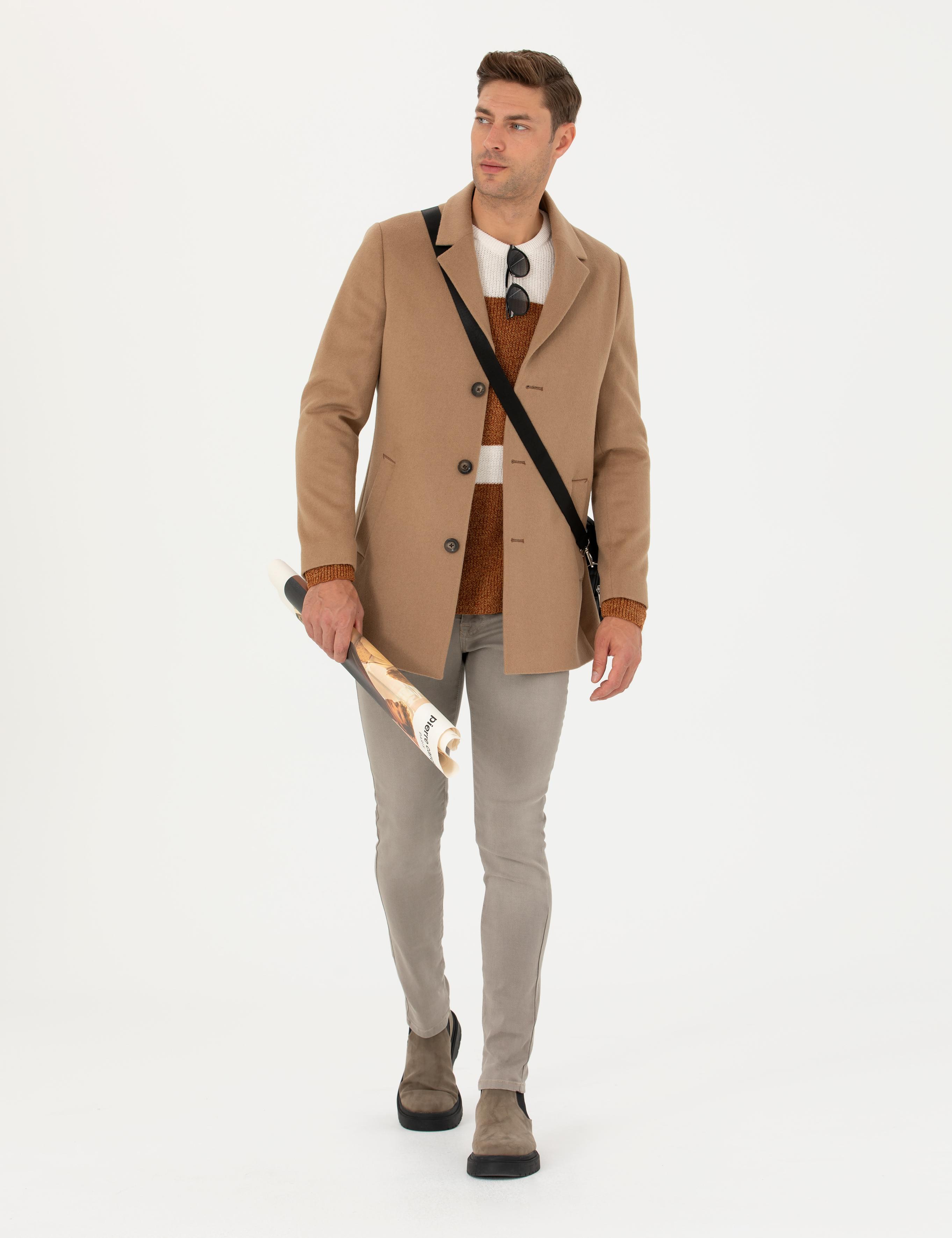 Camel Yün Karışımlı Ekstra Slim Fit Kaşe Kaban