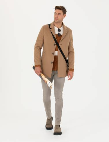 Camel Yün Karışımlı Ekstra Slim Fit Kaşe Kaban