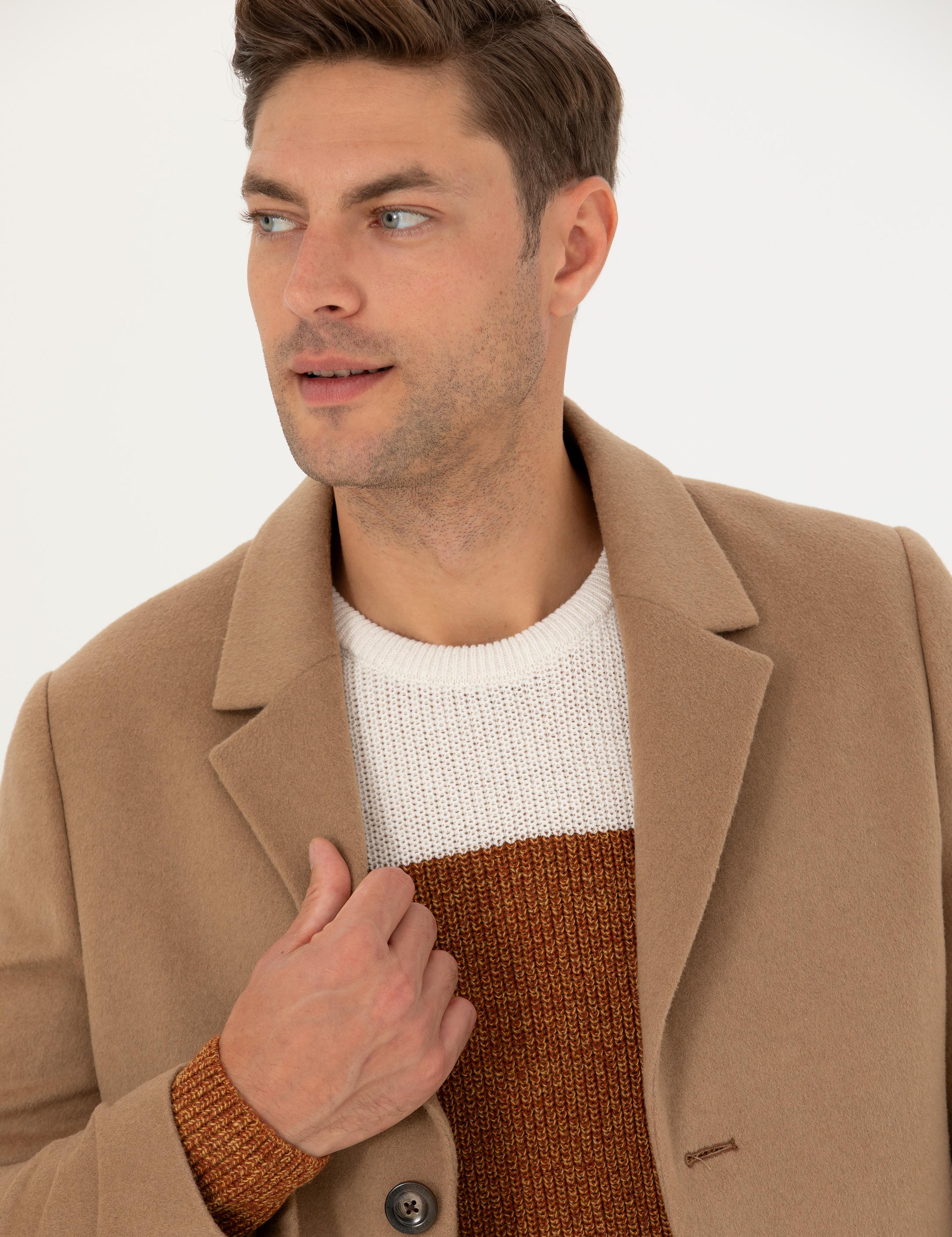 Camel Yün Karışımlı Ekstra Slim Fit Kaşe Kaban