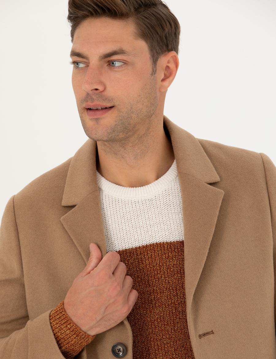 Camel Yün Karışımlı Ekstra Slim Fit Kaşe Kaban