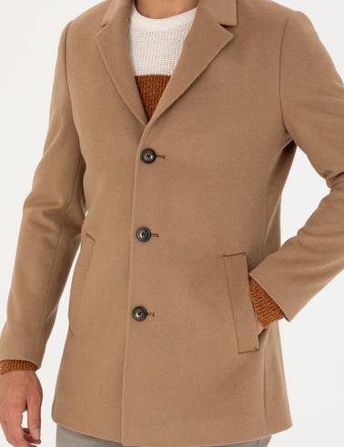 Camel Yün Karışımlı Ekstra Slim Fit Kaşe Kaban