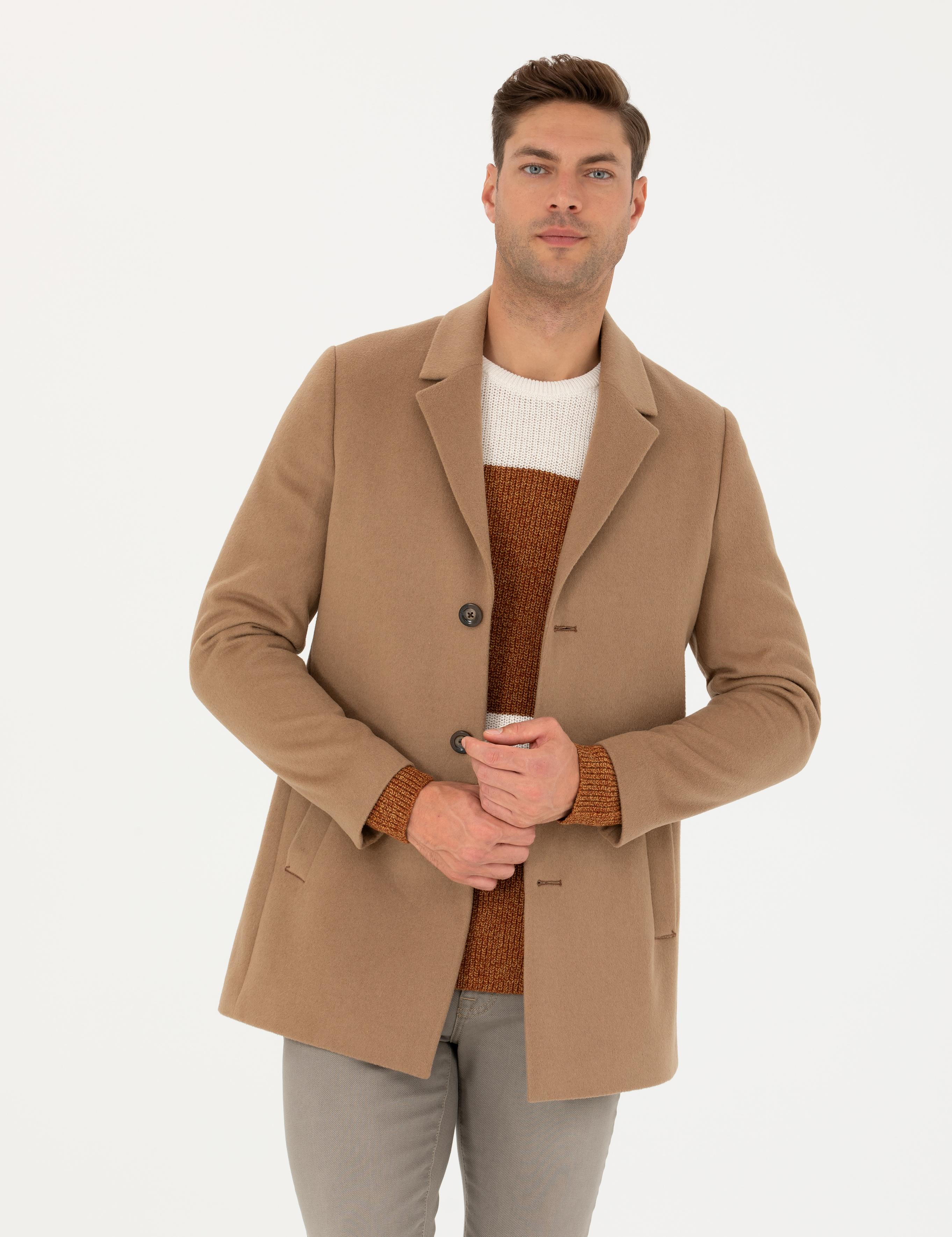 Camel Yün Karışımlı Ekstra Slim Fit Kaşe Kaban
