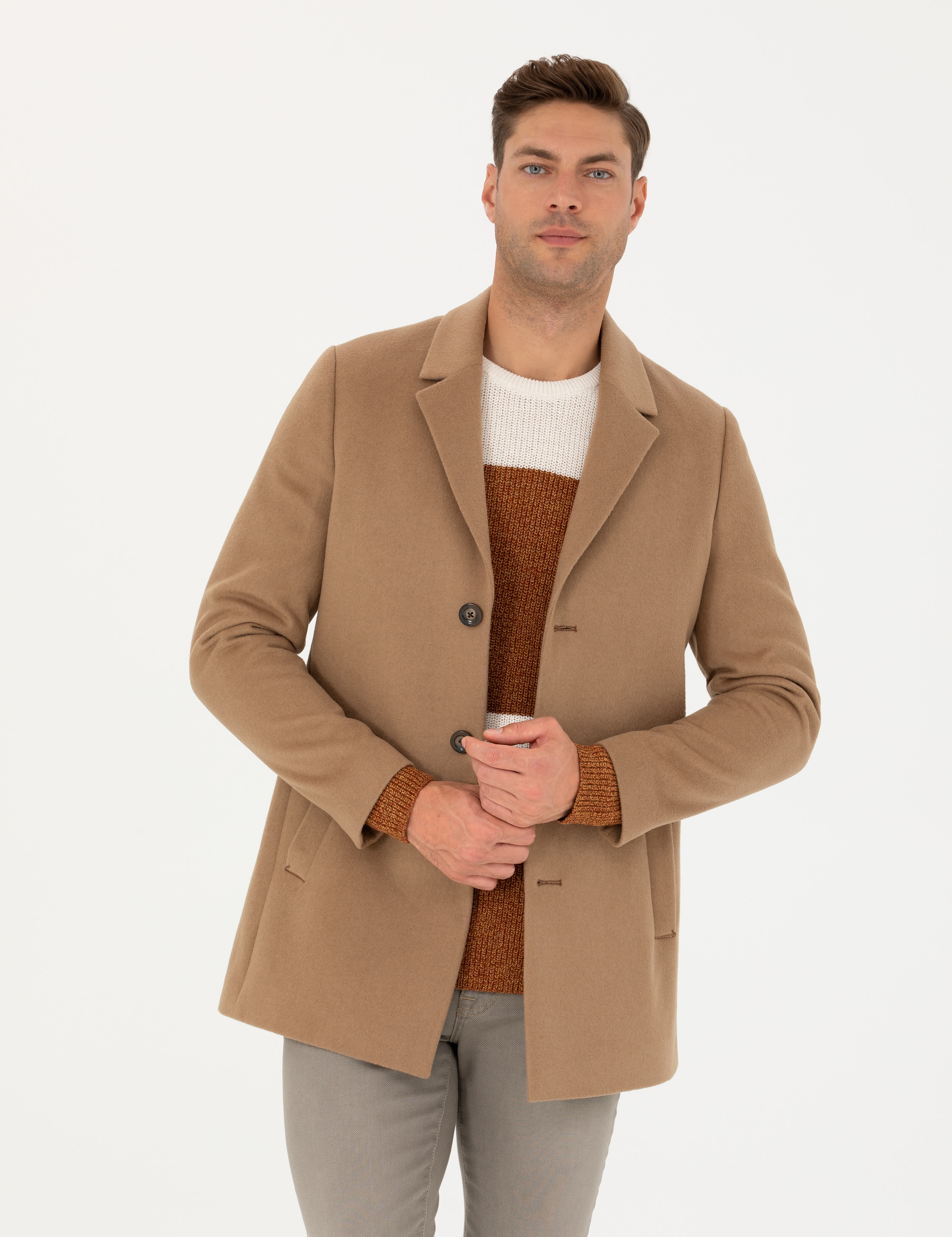 Camel Yün Karışımlı Ekstra Slim Fit Kaşe Kaban - Image 1