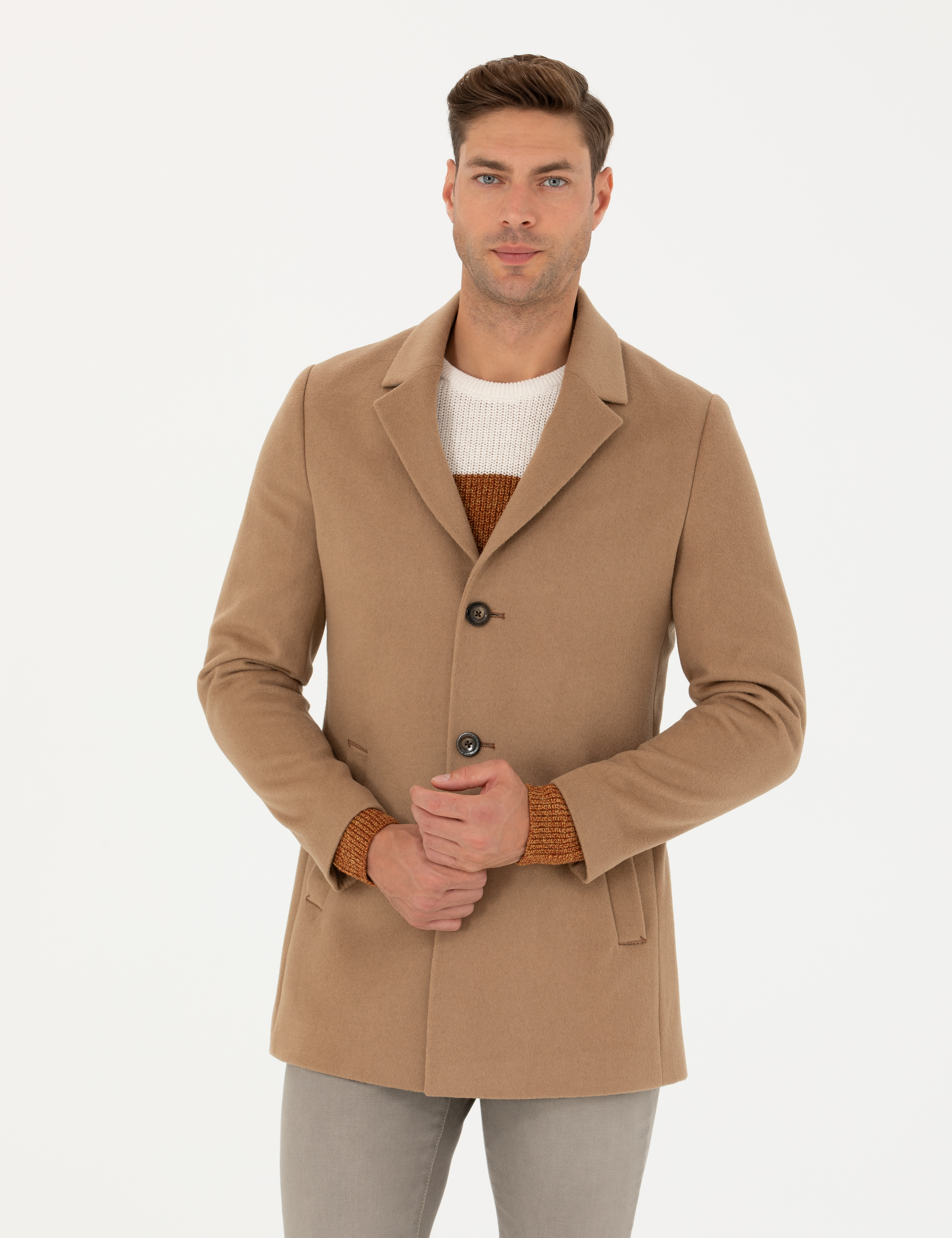 Pierre Cardin Camel Yün Karışımlı Ekstra Slim Fit Kaşe Kaban görsel 4