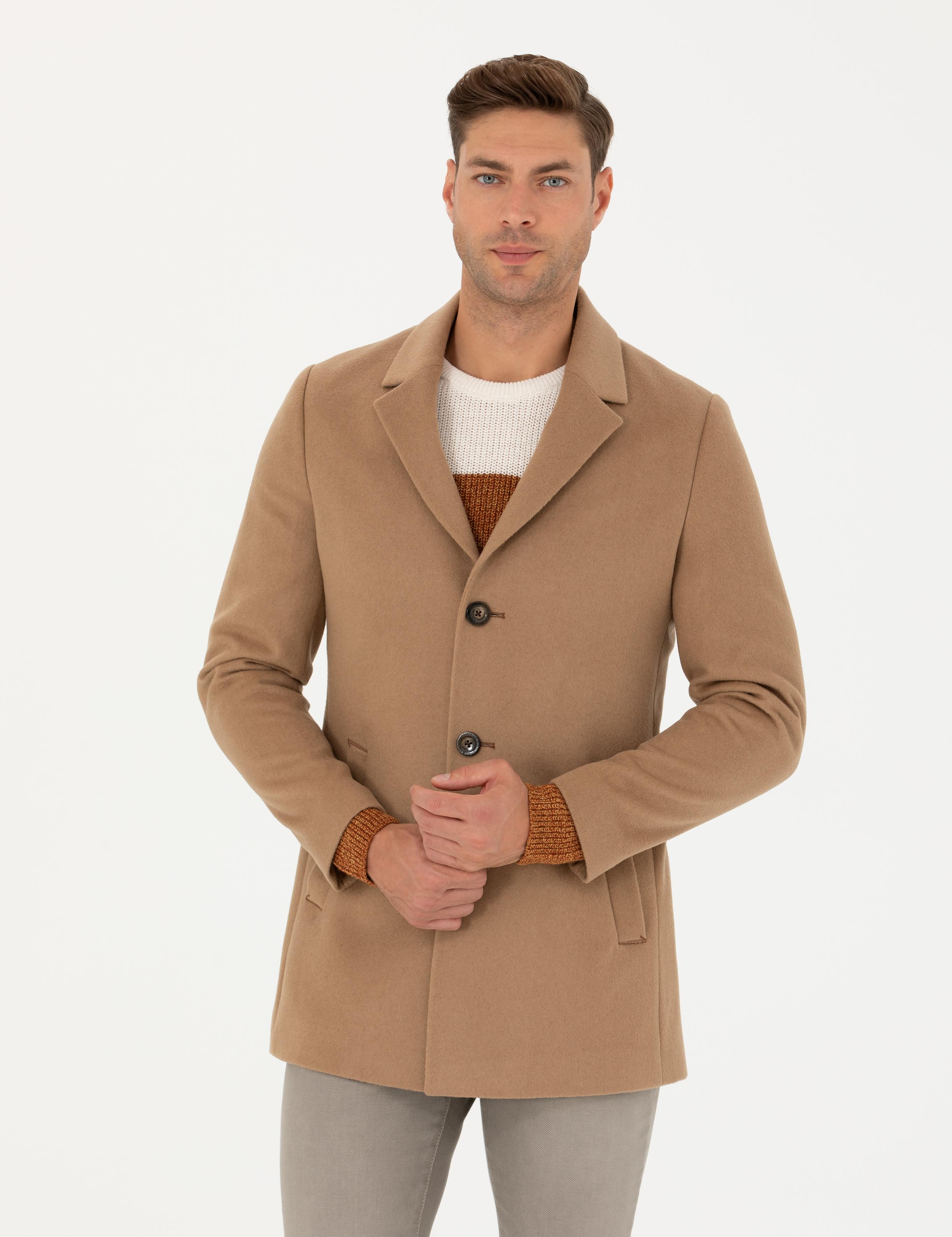 Camel Yün Karışımlı Ekstra Slim Fit Kaşe Kaban