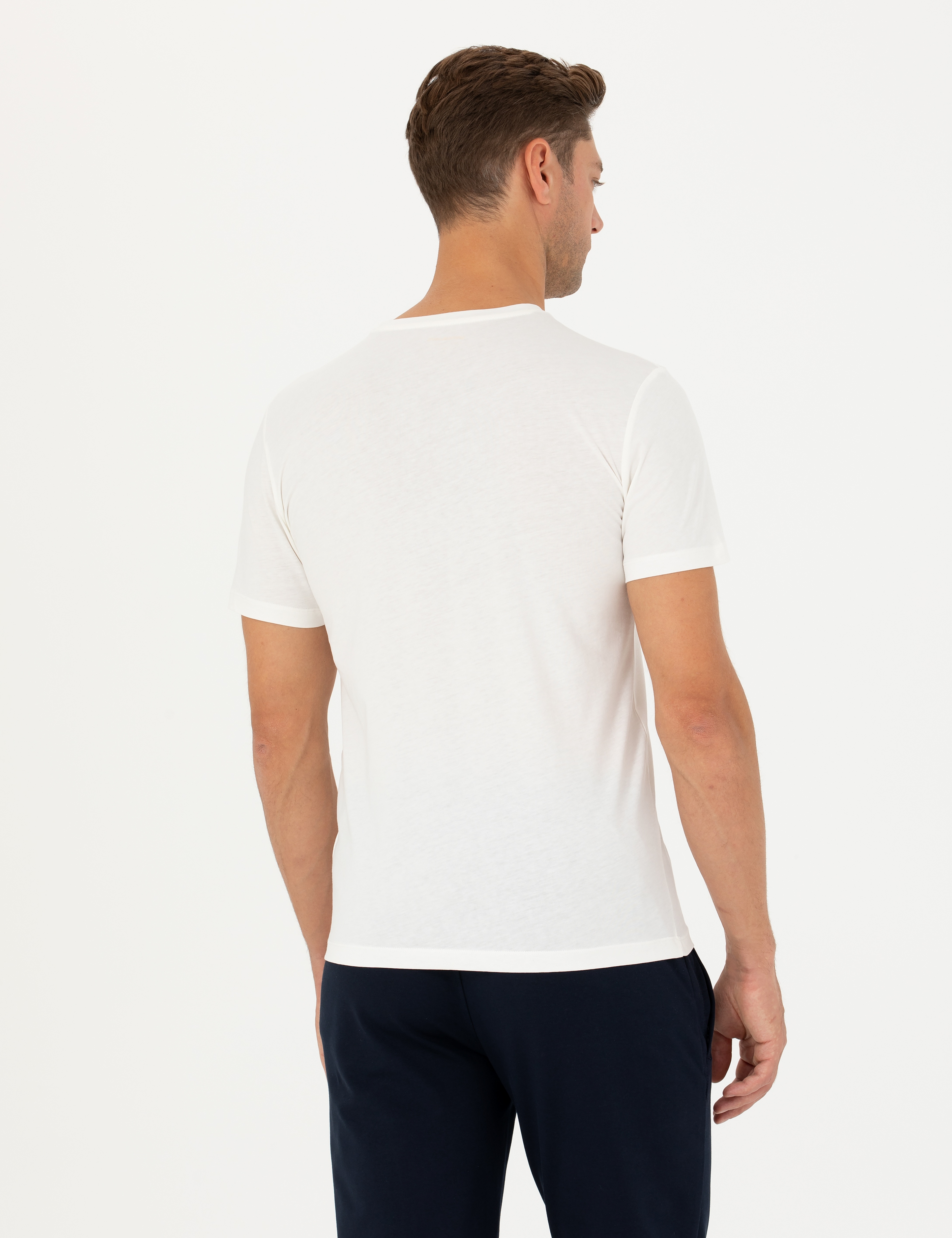 Ekru Slim Fit %100 Pamuk Bisiklet Yaka Tişört - Image 6