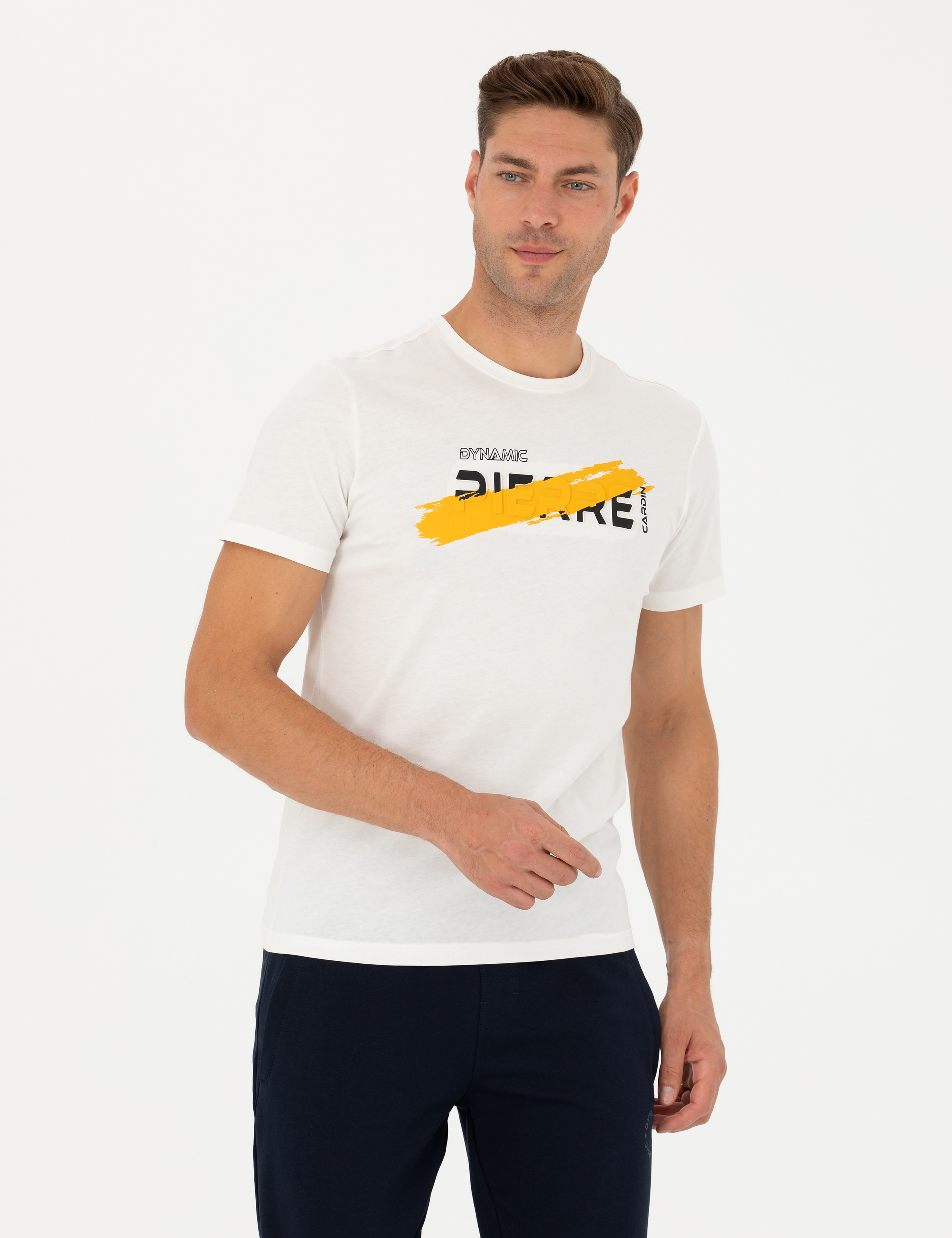 Ekru Slim Fit %100 Pamuk Bisiklet Yaka Tişört - Image 4