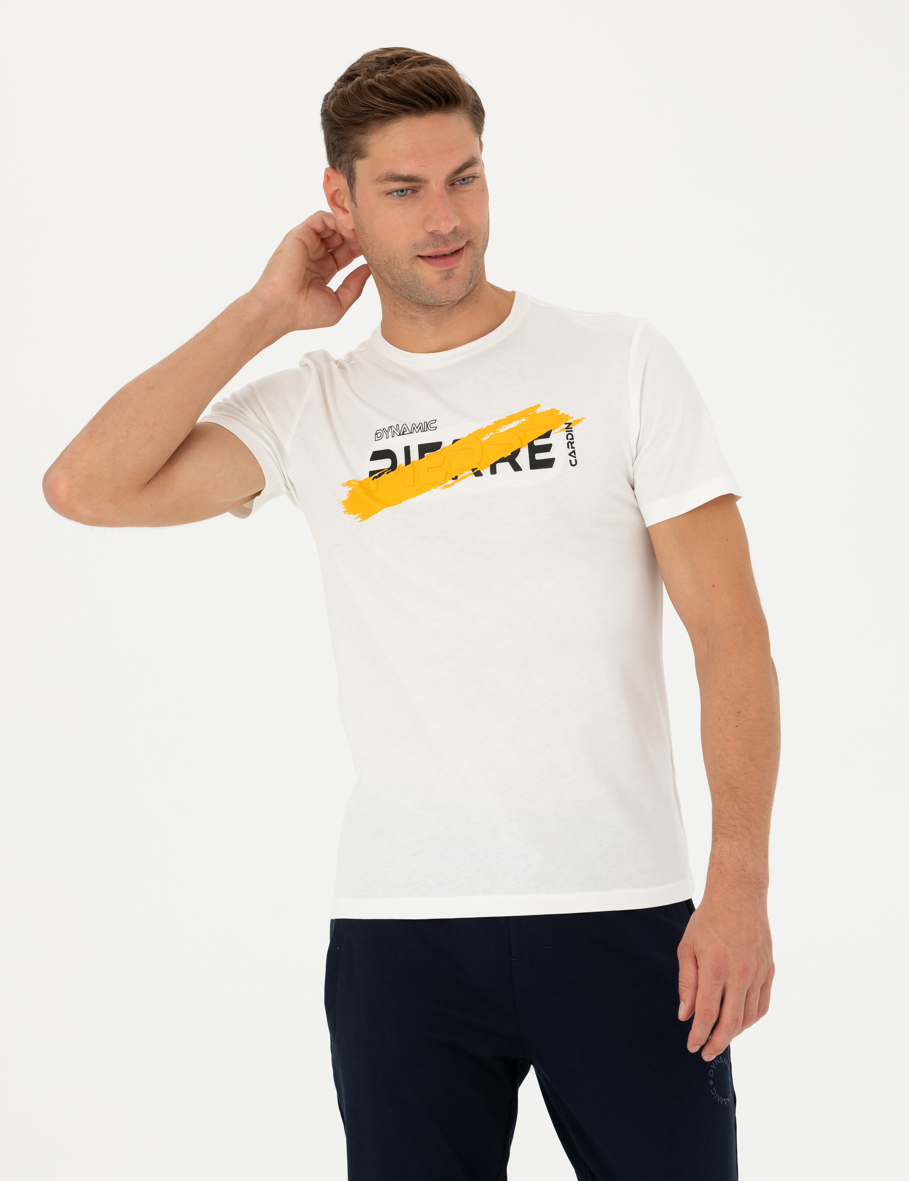 Ekru Slim Fit %100 Pamuk Bisiklet Yaka Tişört