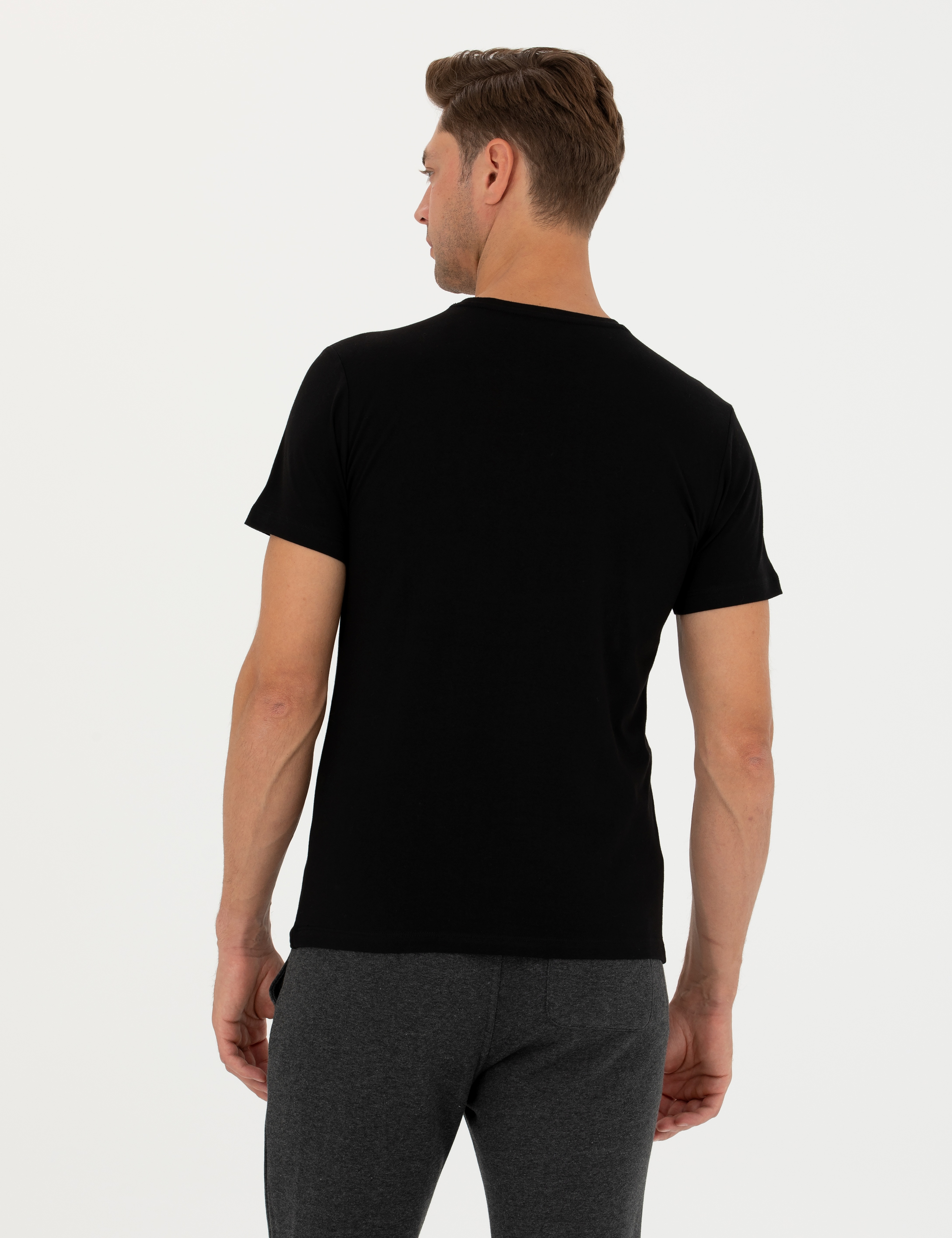 Siyah Slim Fit %100 Pamuk Bisiklet Yaka Tişört
