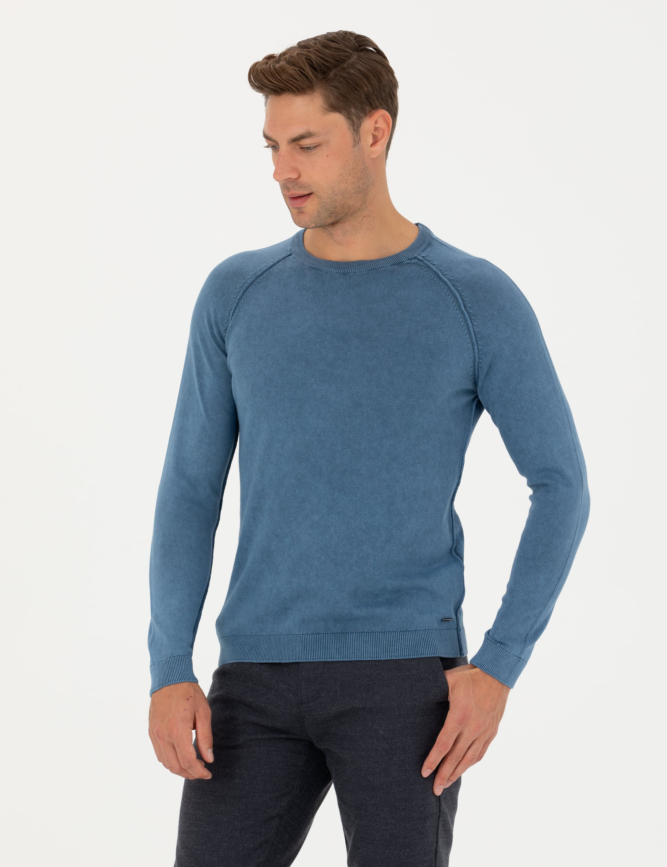 Pierre Cardin Koyu Mavi Slim Fit Bisiklet Yaka Triko Kazak görsel 3