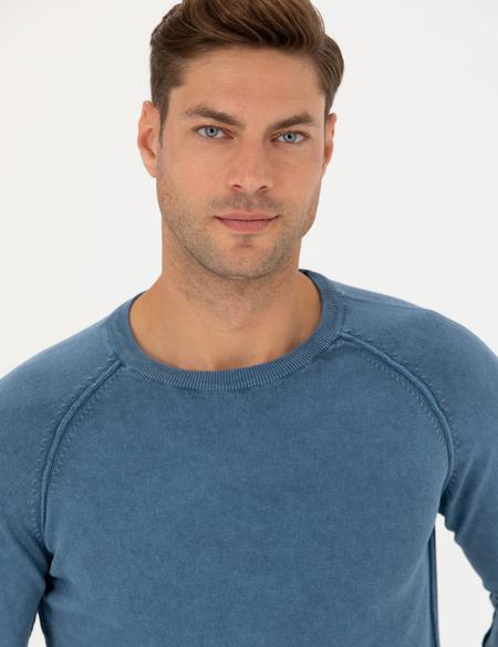 Koyu Mavi Slim Fit Bisiklet Yaka Triko Kazak - 50278902007