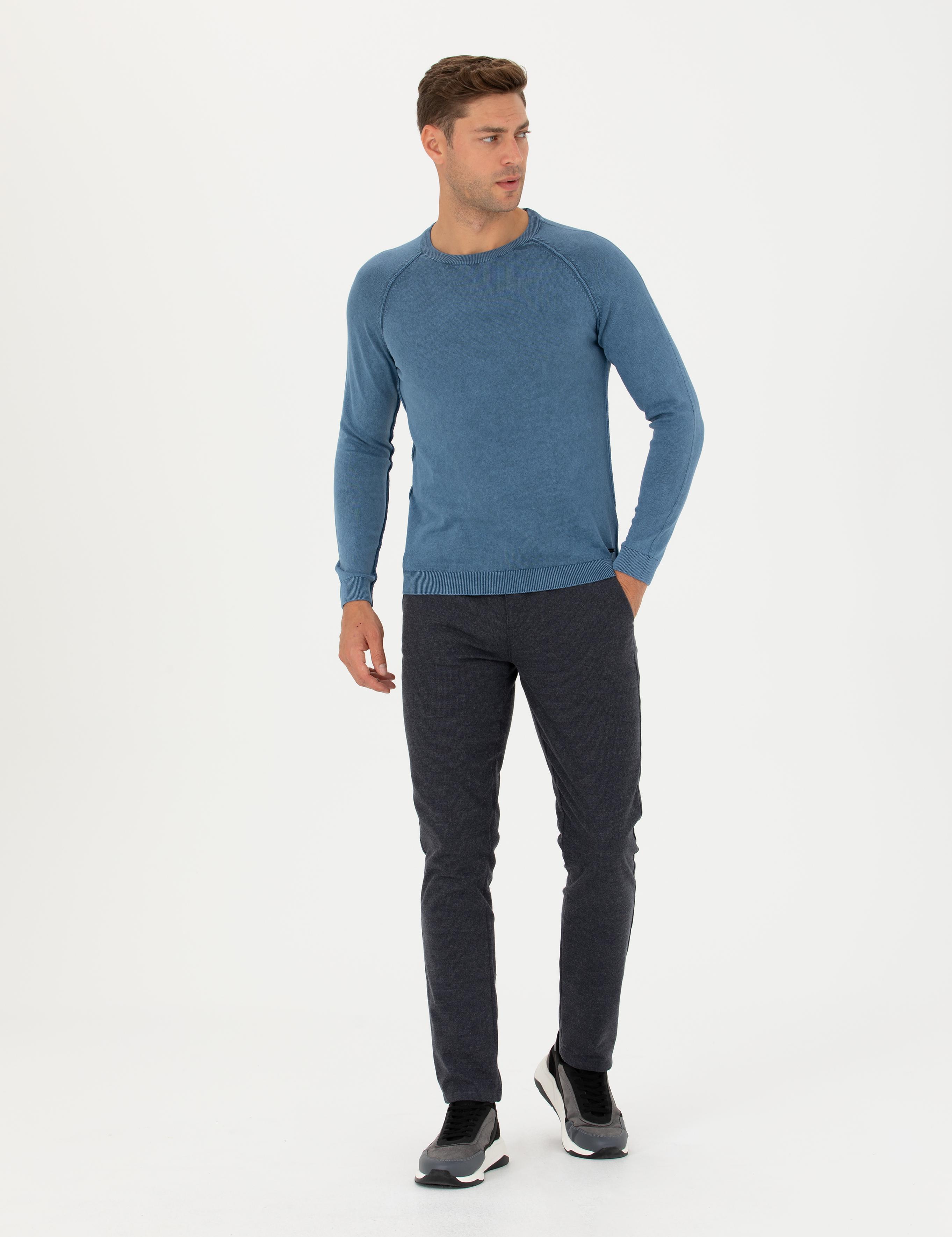 Koyu Mavi Slim Fit Bisiklet Yaka Triko Kazak