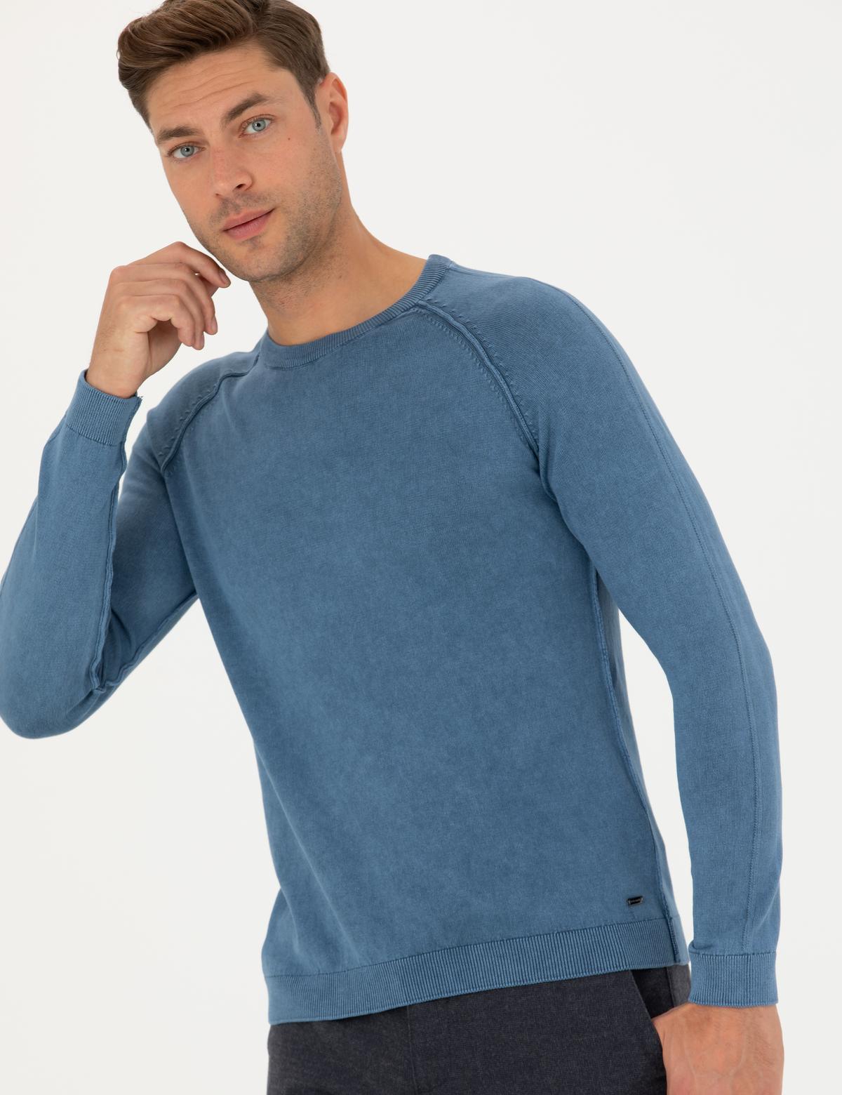 Koyu Mavi Slim Fit Bisiklet Yaka Triko Kazak