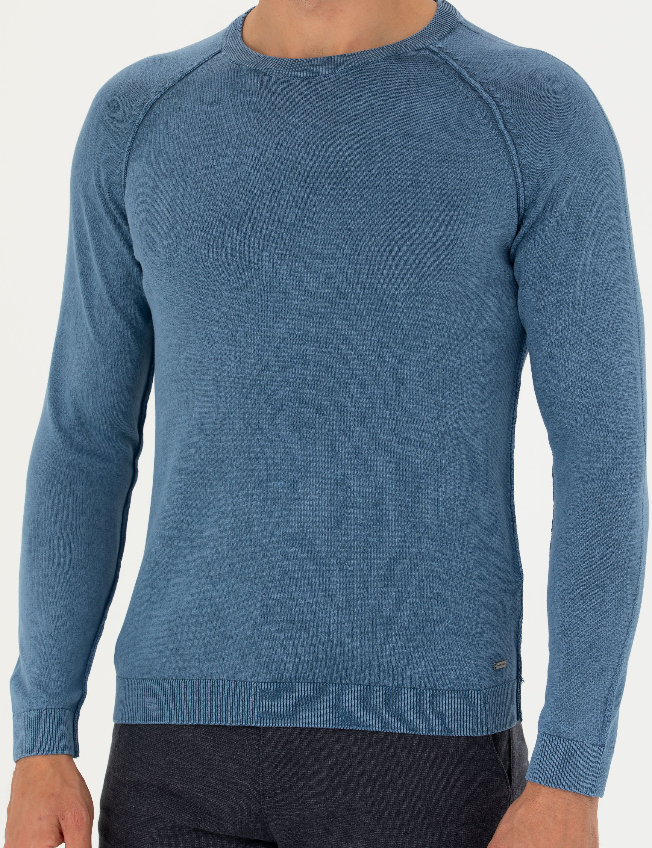 Koyu Mavi Slim Fit Bisiklet Yaka Triko Kazak - Image 7