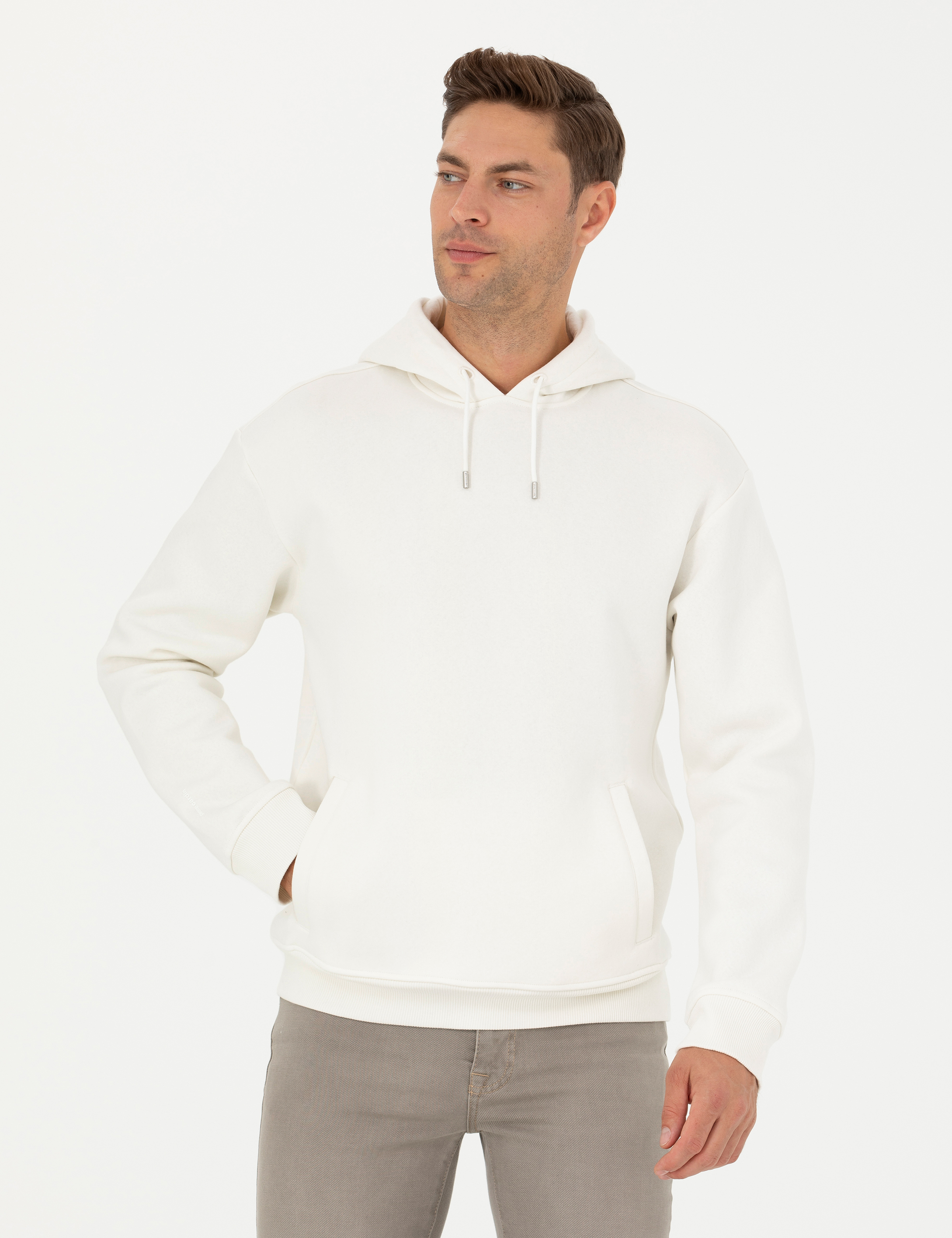 Ekru Regular Fit İçi Polarlı Kapüşonlu Sweatshirt - Image 3
