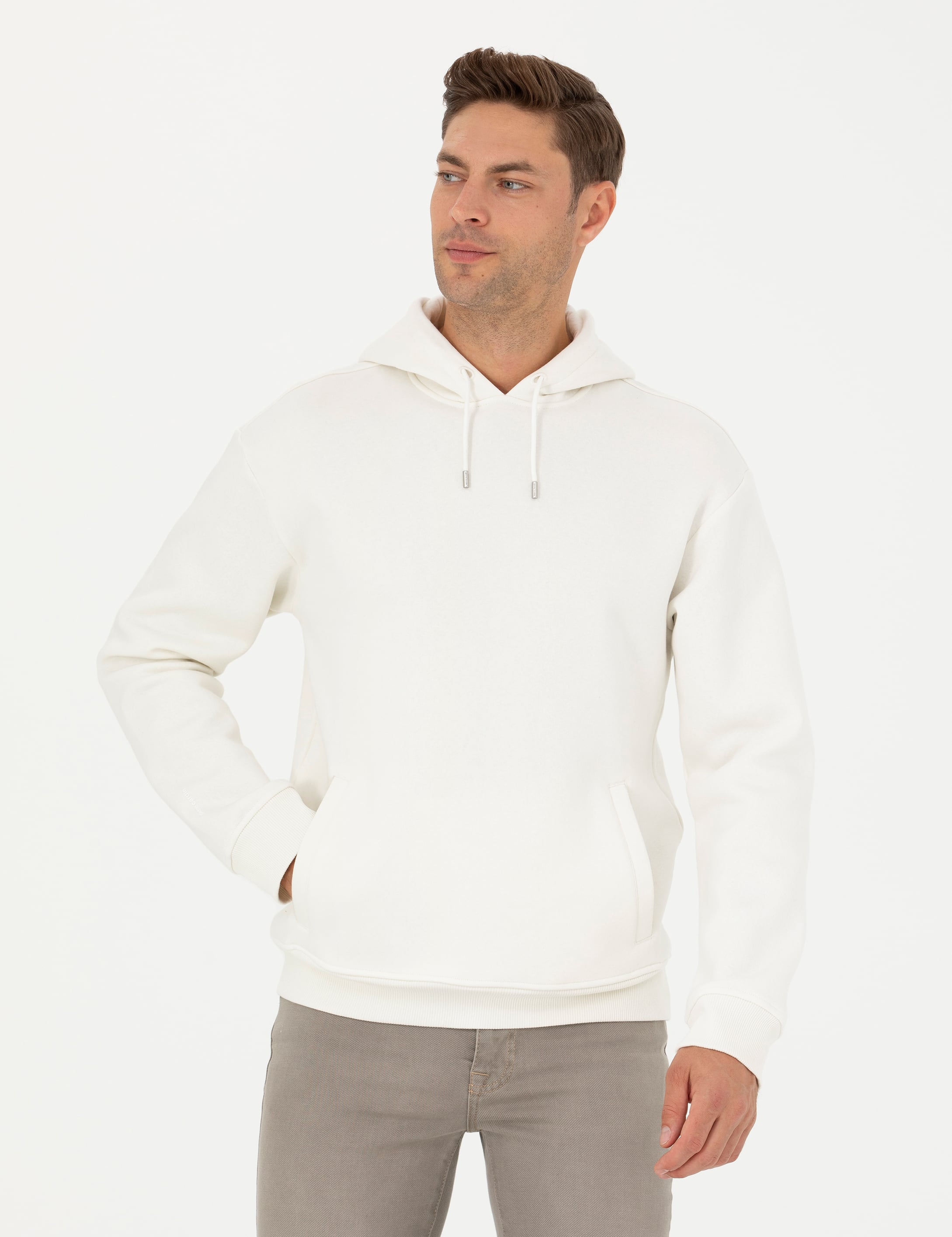 Ekru Regular Fit İçi Polarlı Kapüşonlu Sweatshirt