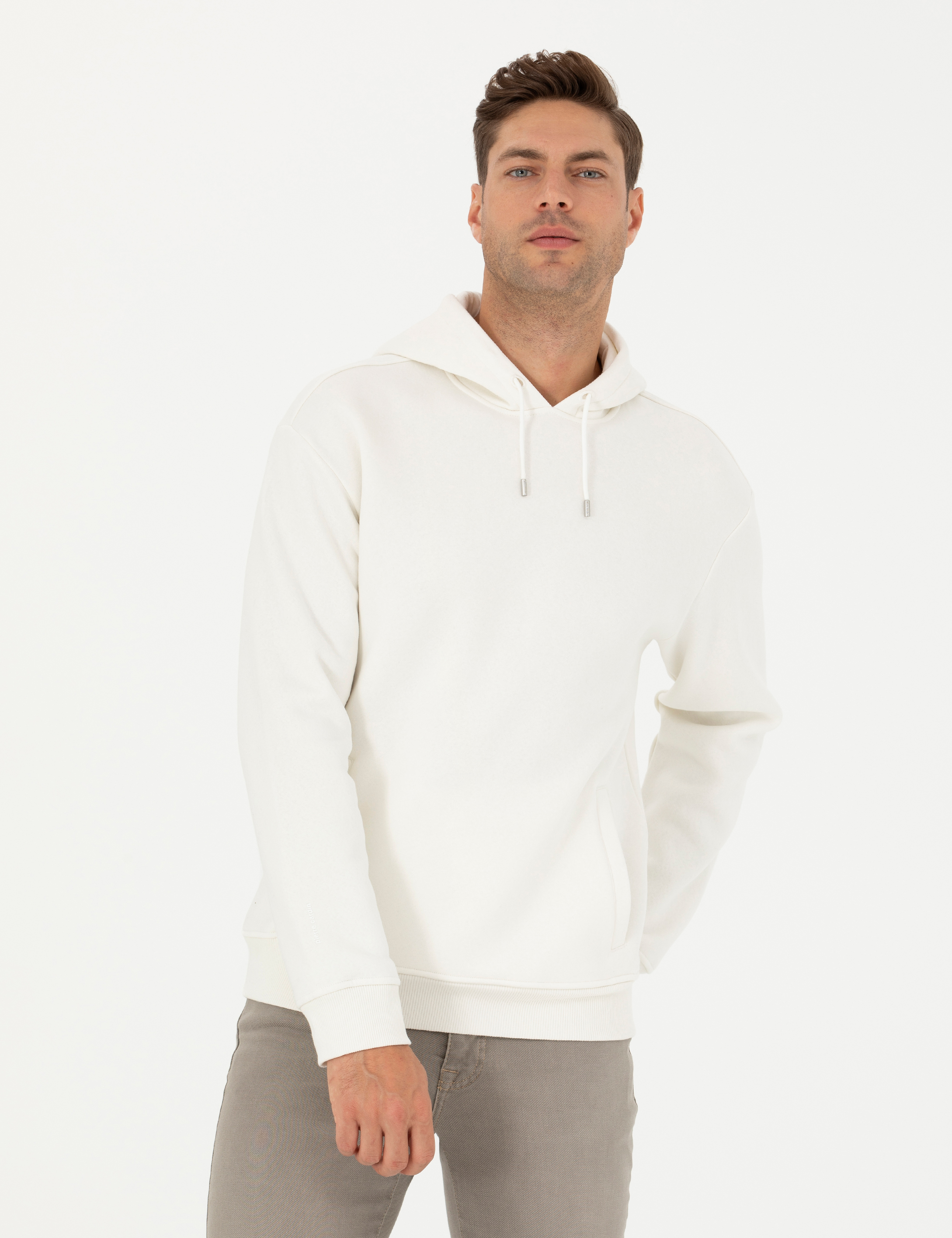 Ekru Regular Fit İçi Polarlı Kapüşonlu Sweatshirt - Image 4