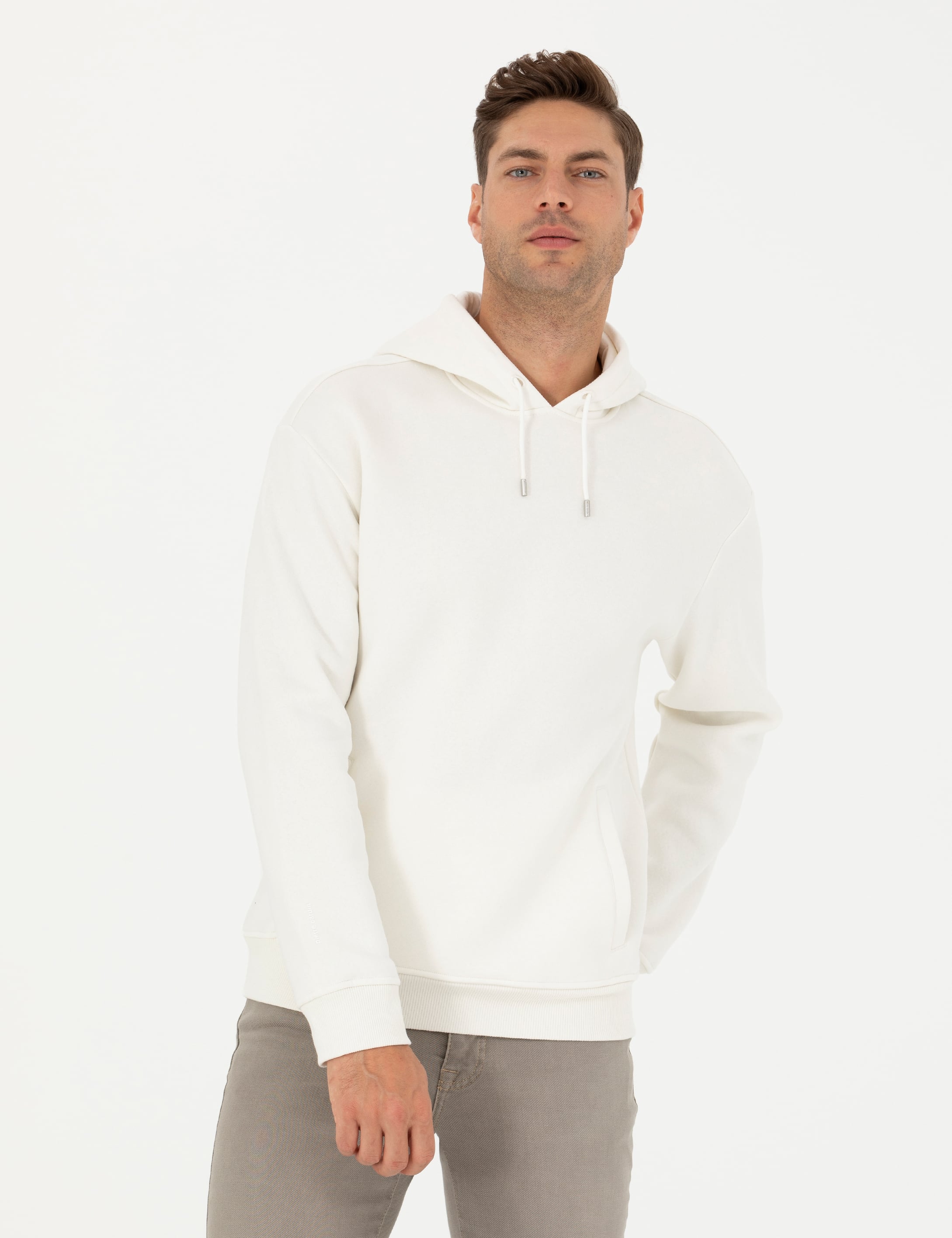 Ekru Regular Fit İçi Polarlı Kapüşonlu Sweatshirt