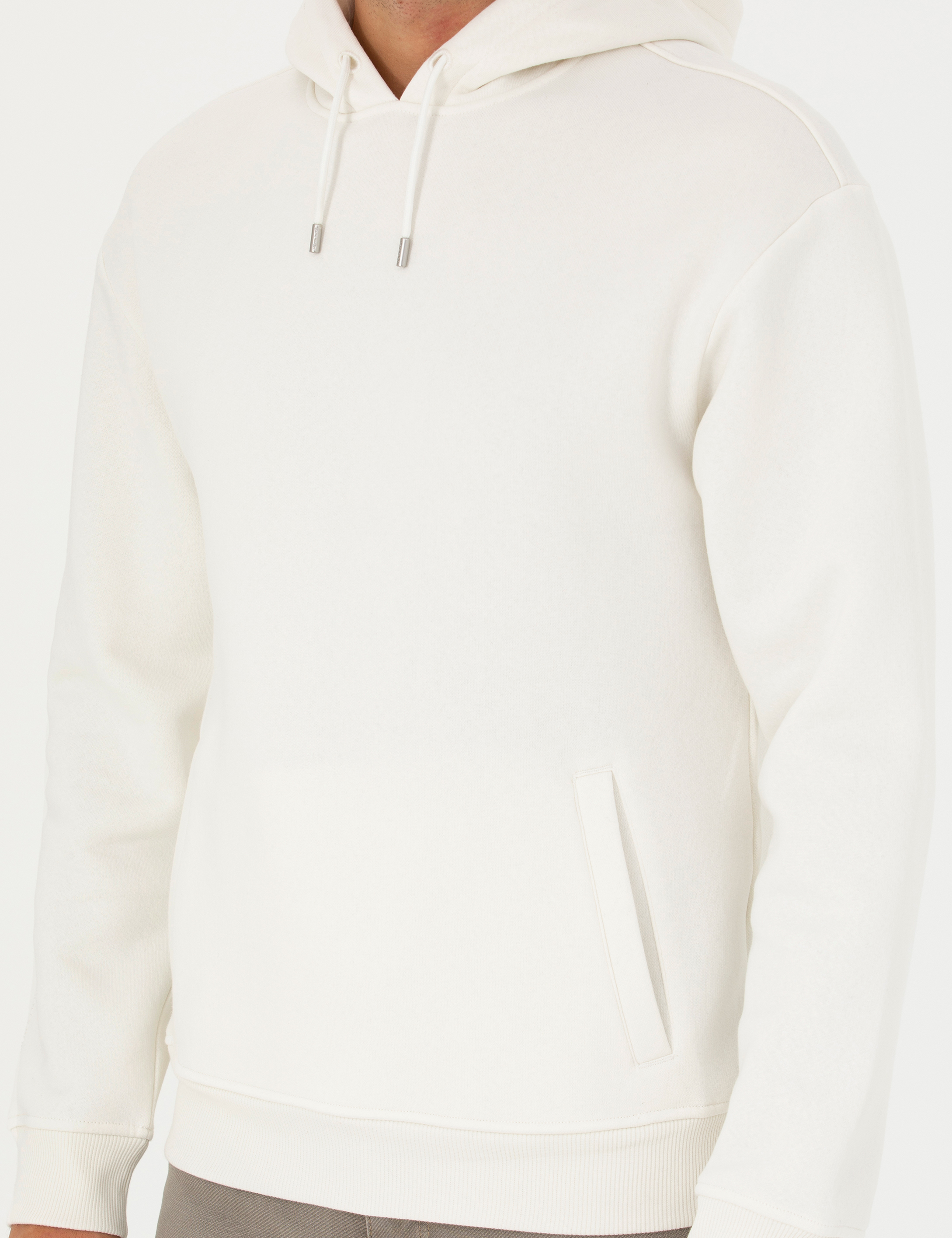 Ekru Regular Fit İçi Polarlı Kapüşonlu Sweatshirt - Image 7