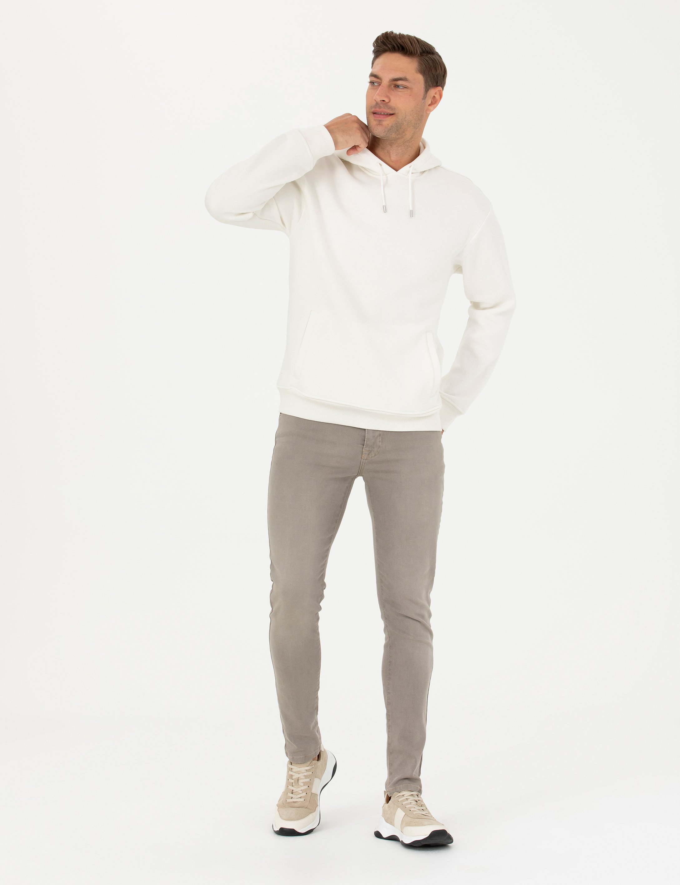 Ekru Regular Fit İçi Polarlı Kapüşonlu Sweatshirt - Image 5