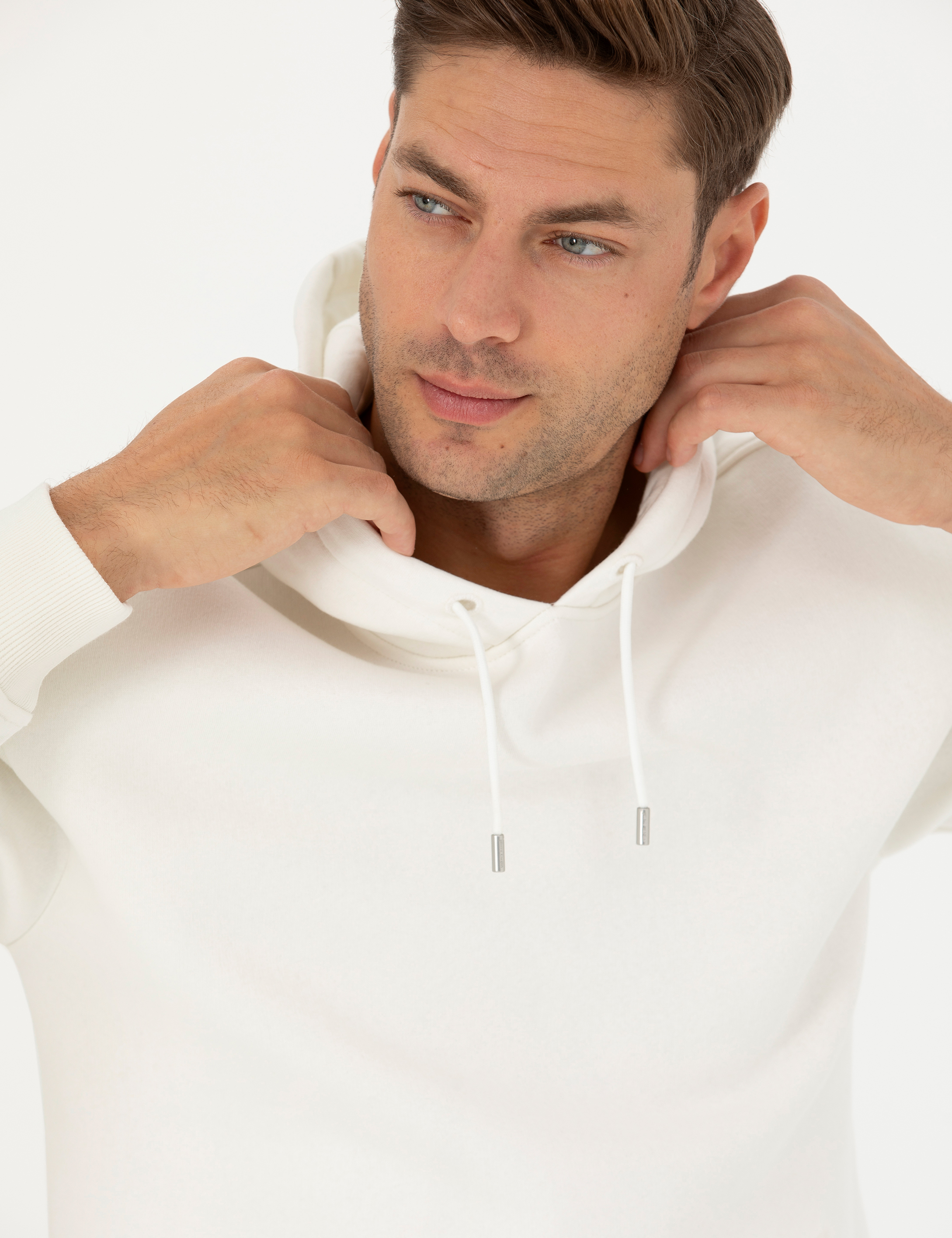Ekru Regular Fit İçi Polarlı Kapüşonlu Sweatshirt - Image 2