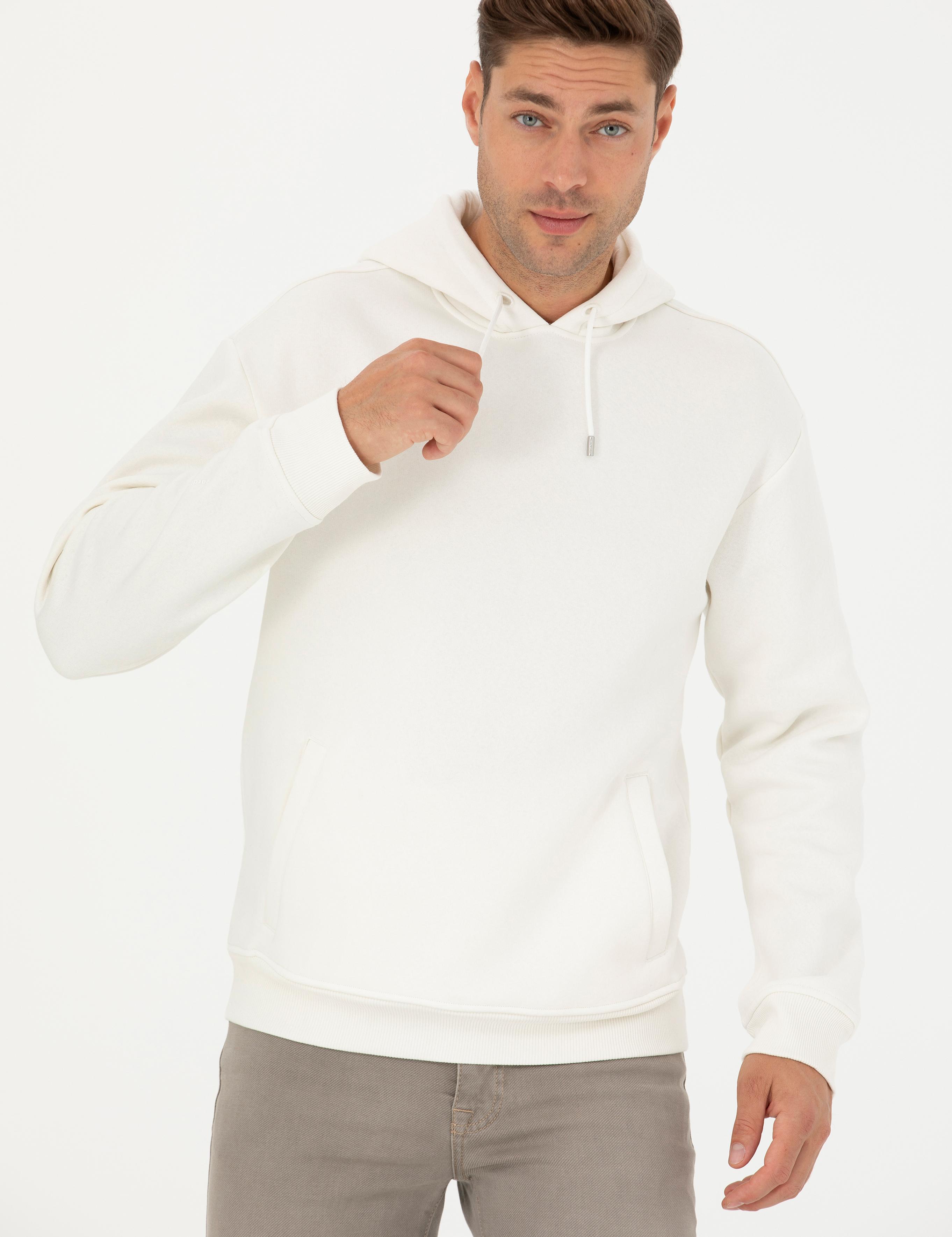 Ekru Regular Fit İçi Polarlı Kapüşonlu Sweatshirt