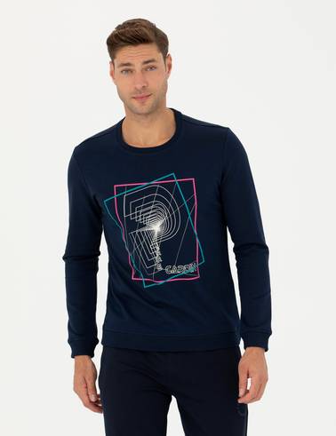 Lacivert 2 İplik Regular Fit %100 Pamuk Bisiklet Yaka Sweatshirt