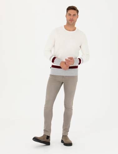 Ekru Slim Fit Bisiklet Yaka Triko Kazak