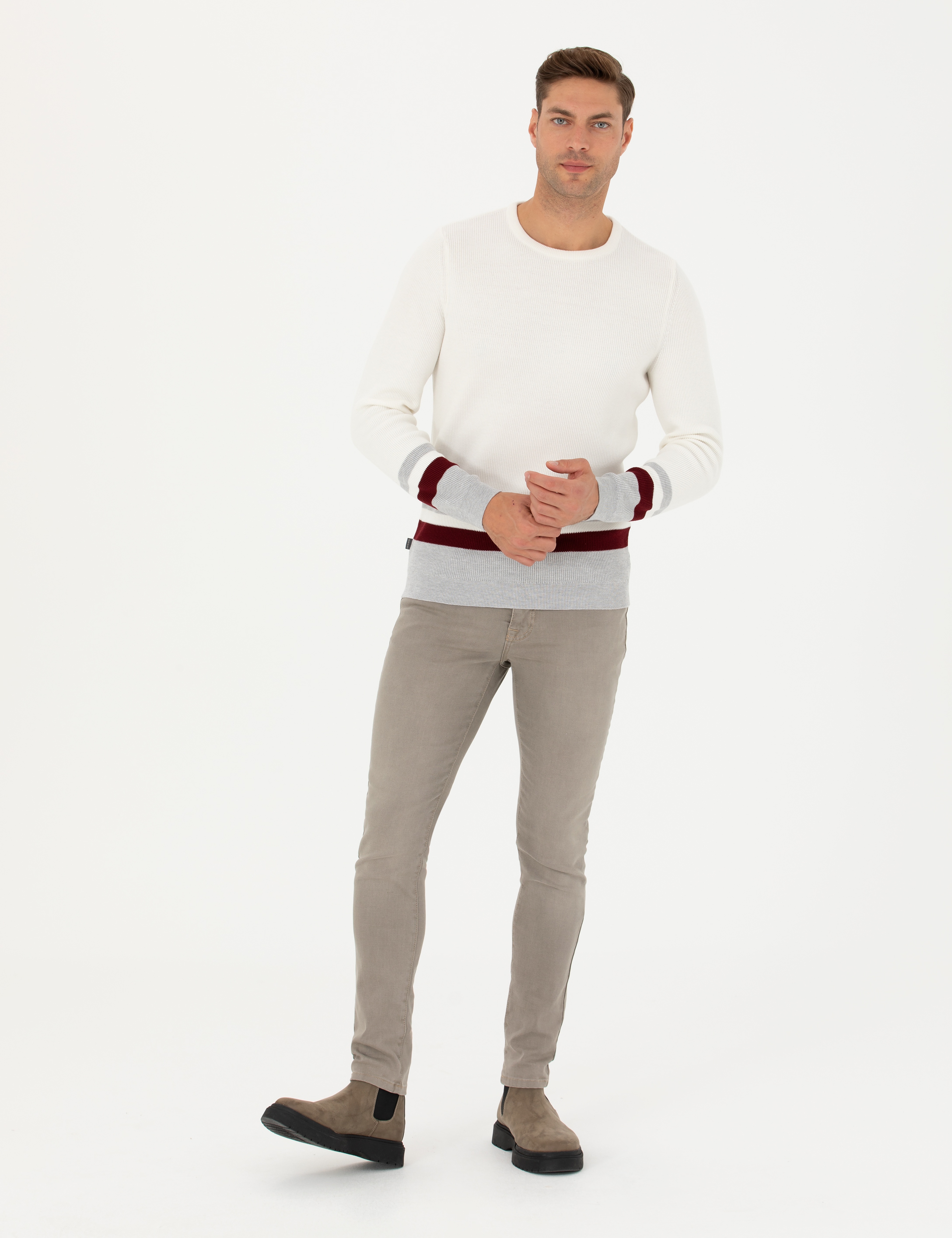 Ekru Slim Fit Bisiklet Yaka Triko Kazak - Image 5