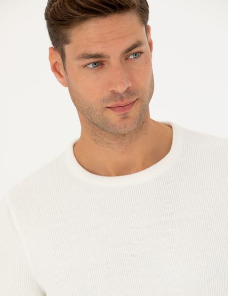 Ekru Slim Fit Bisiklet Yaka Triko Kazak - 50278086001