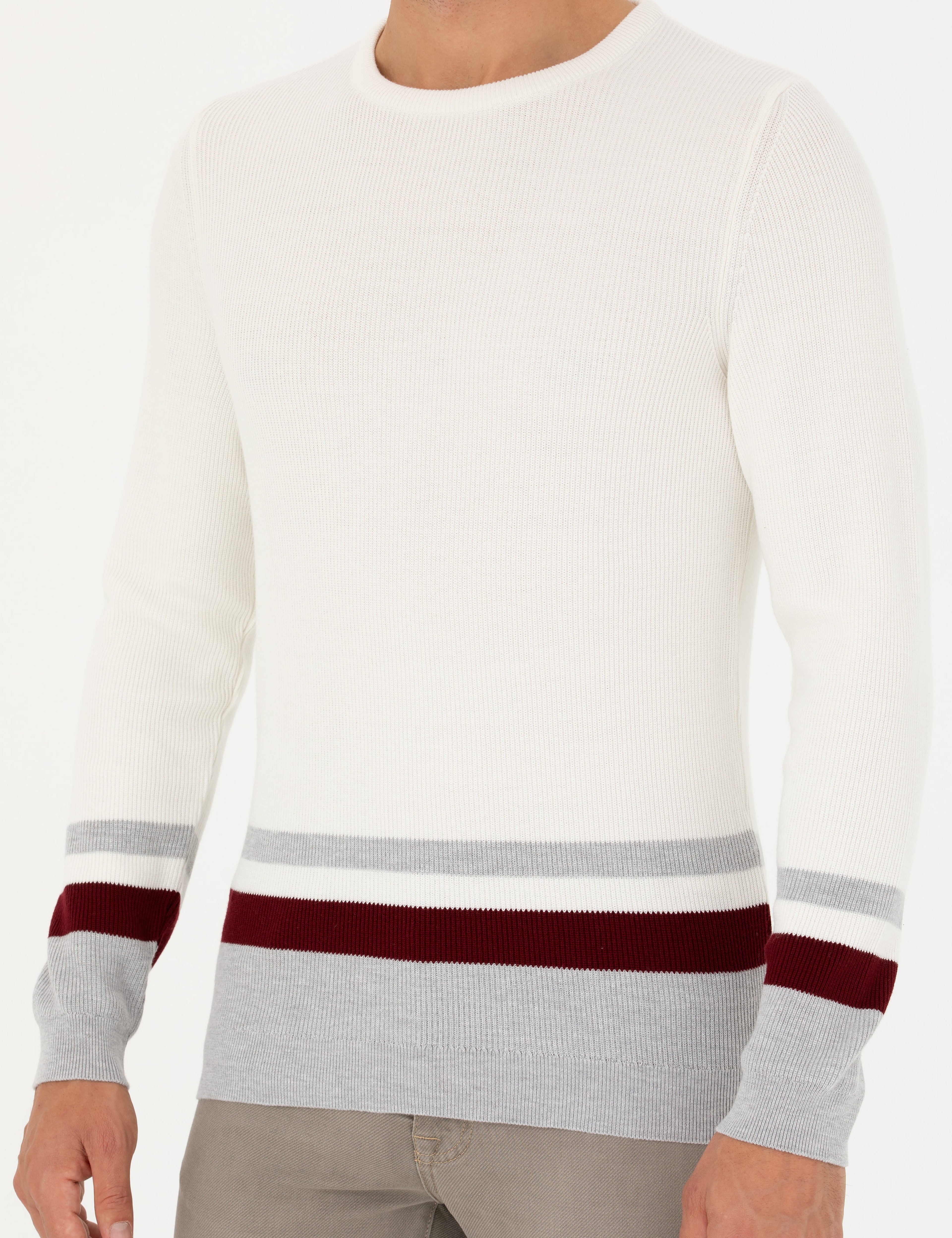 Ekru Slim Fit Bisiklet Yaka Triko Kazak - Image 7