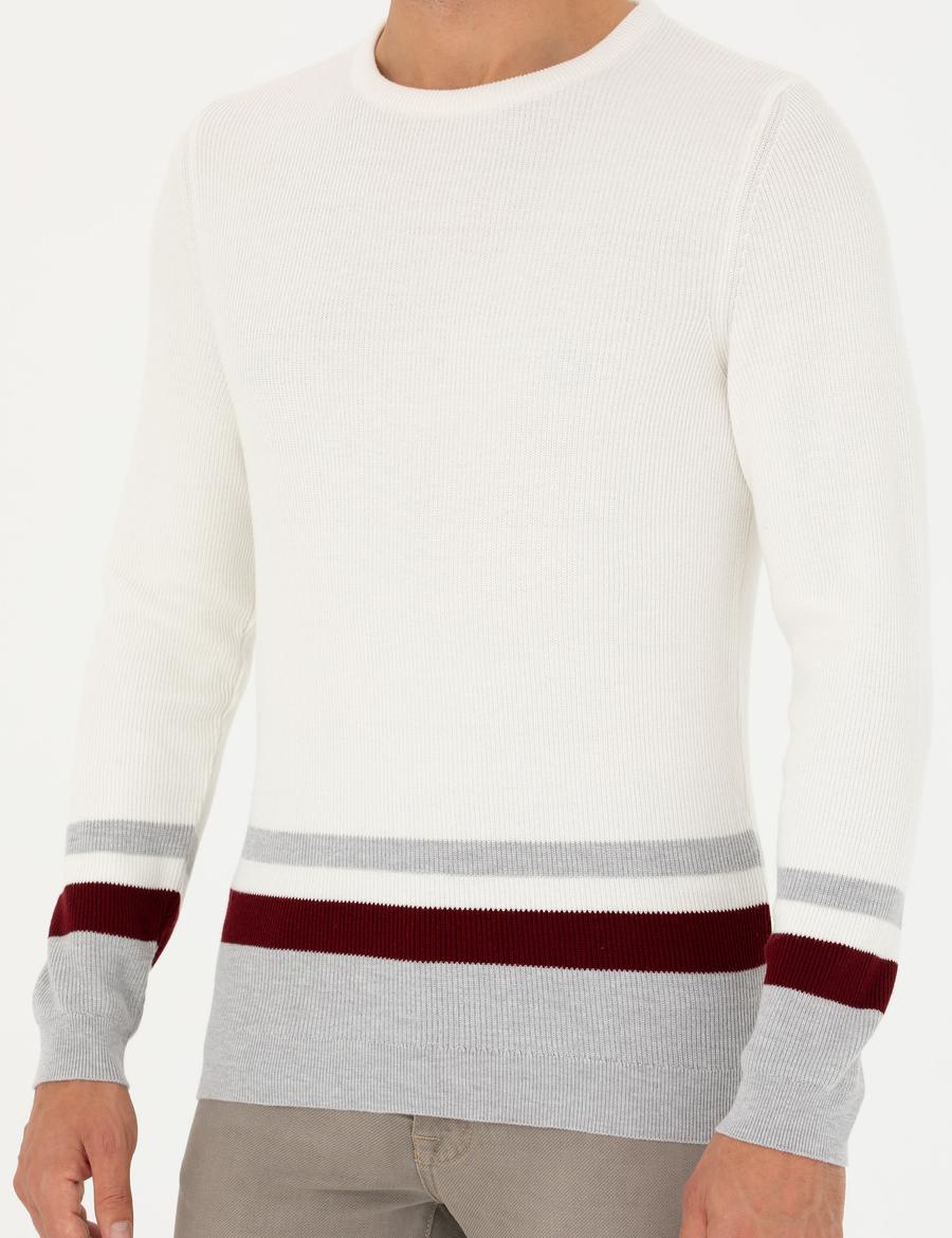 Ekru Slim Fit Bisiklet Yaka Triko Kazak