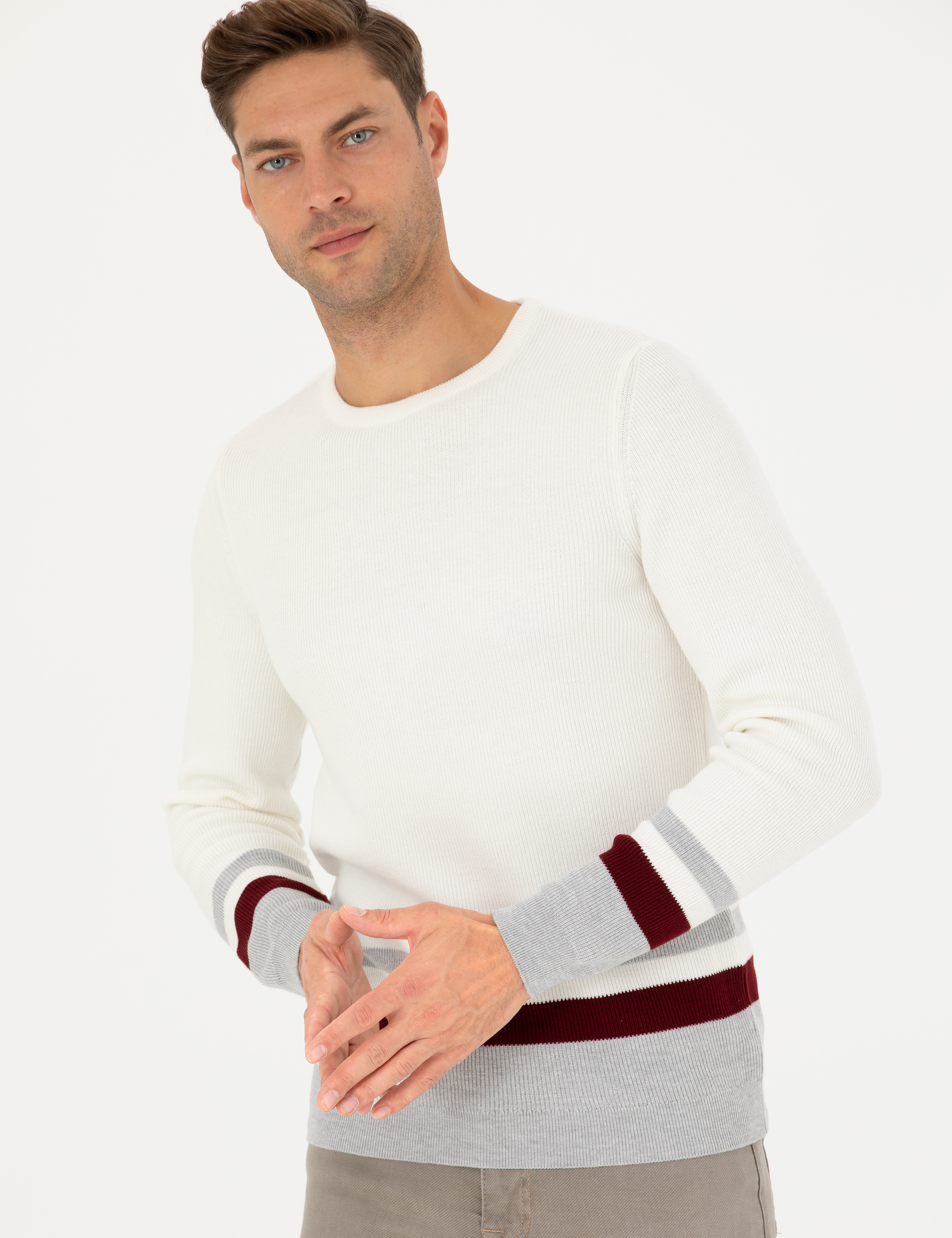 Ekru Slim Fit Bisiklet Yaka Triko Kazak - Image 3