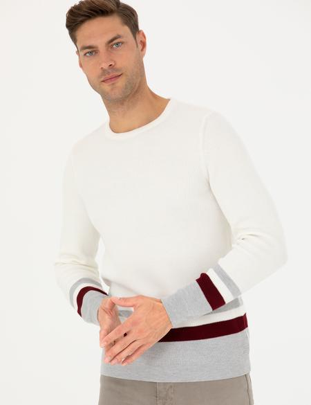 Ekru Slim Fit Bisiklet Yaka Triko Kazak - 50278086001