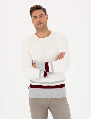 Ekru Slim Fit Bisiklet Yaka Triko Kazak