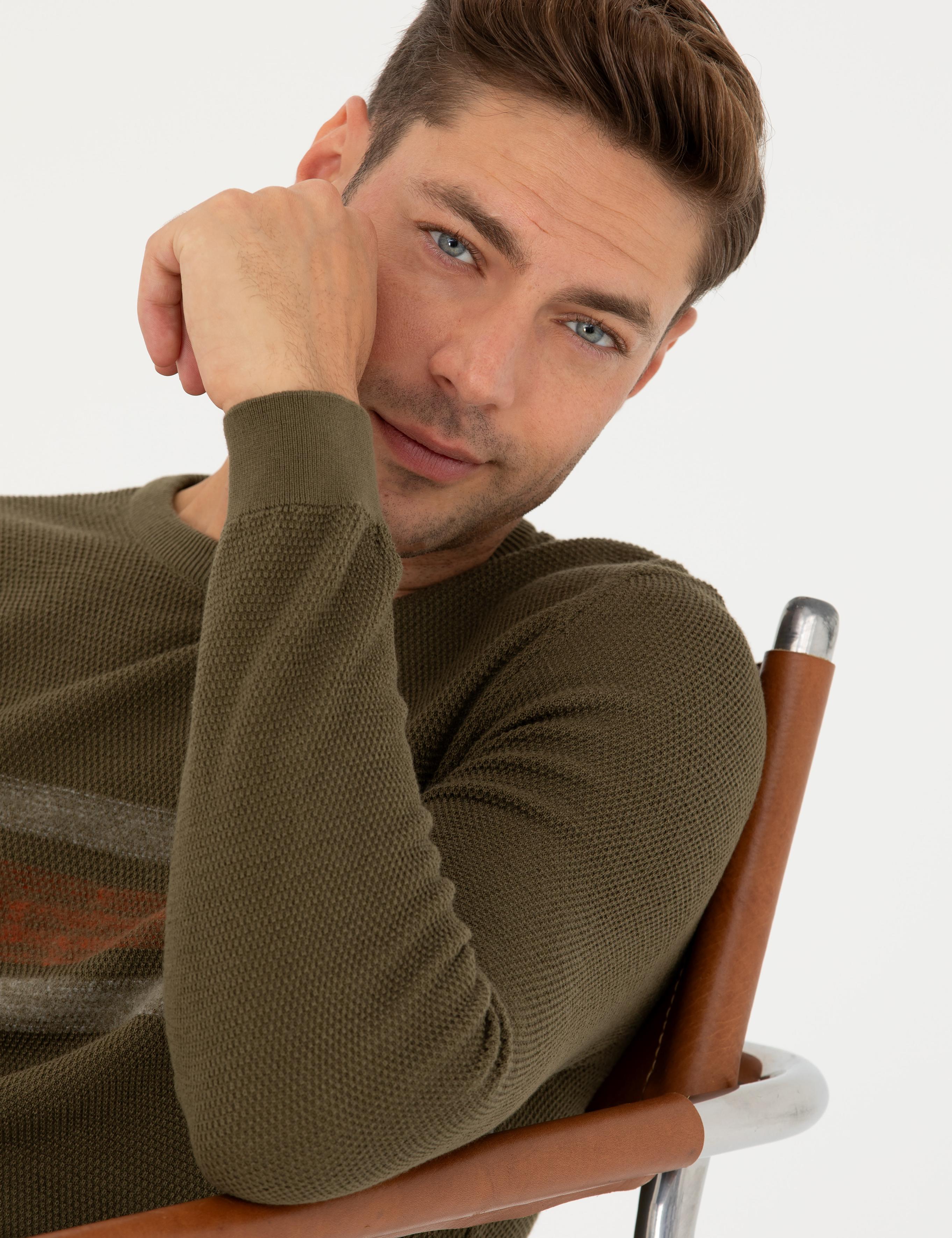 Koyu Haki Slim Fit Bisiklet Yaka Triko Kazak