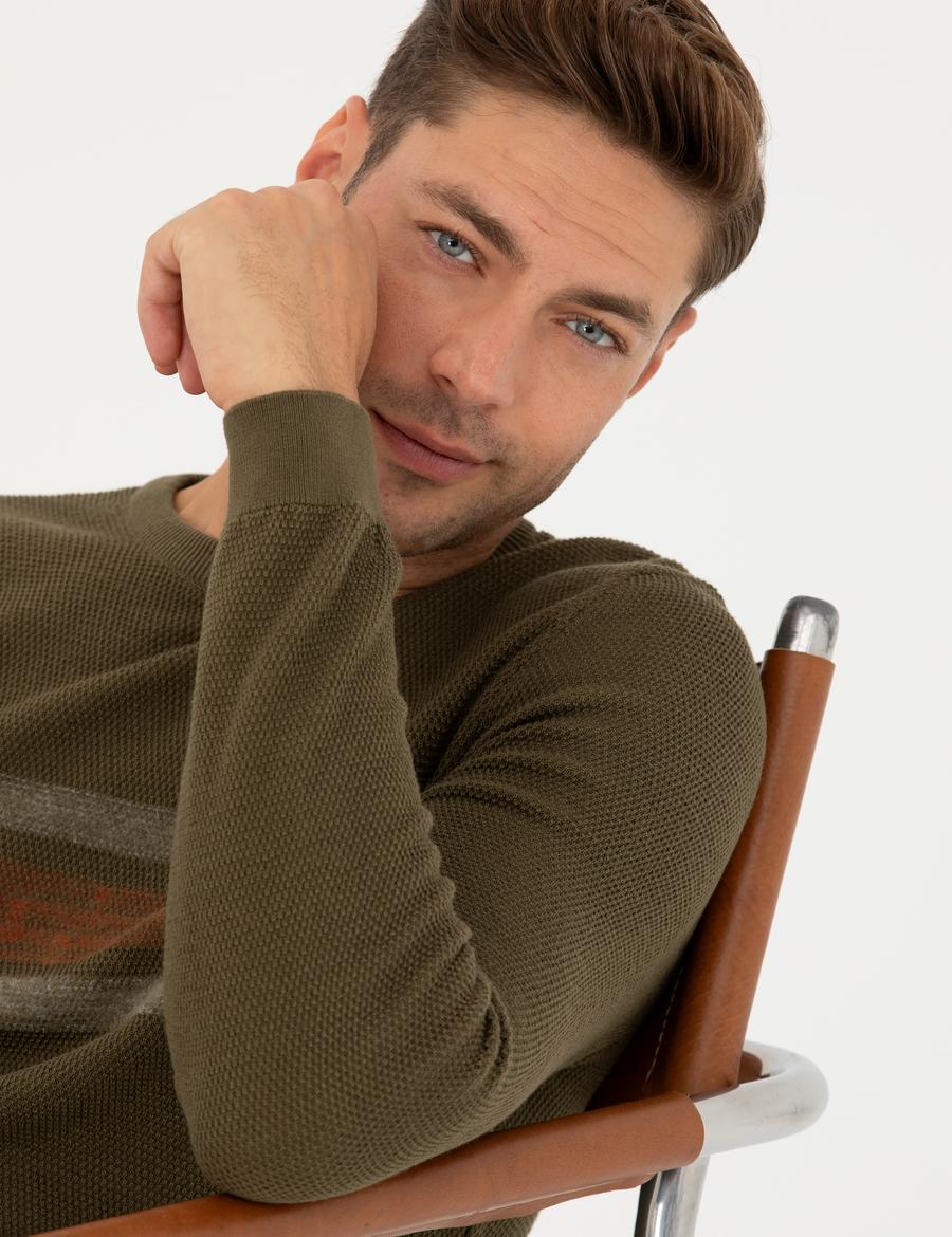 Koyu Haki Slim Fit Bisiklet Yaka Triko Kazak