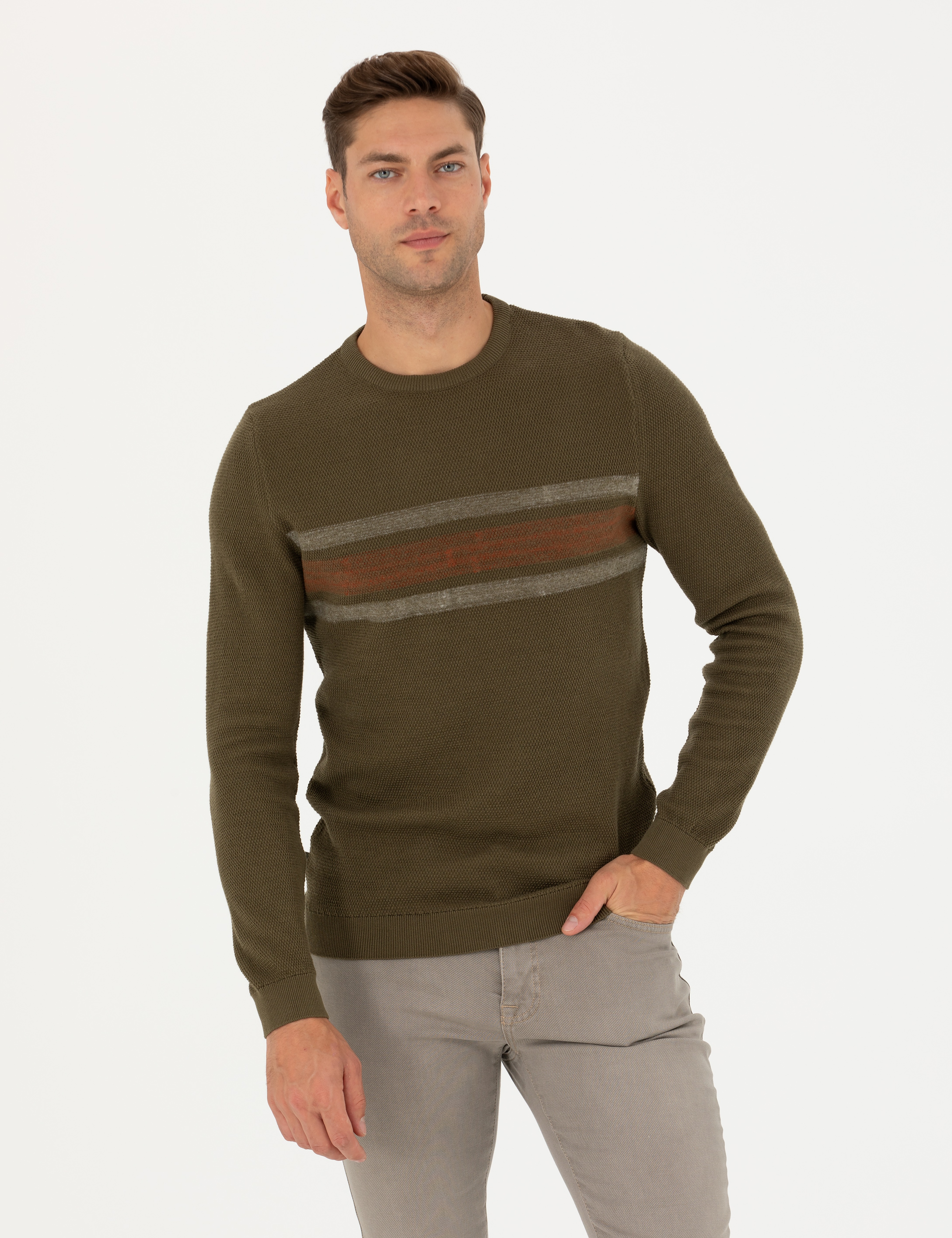 Koyu Haki Slim Fit Bisiklet Yaka Triko Kazak - Image 3