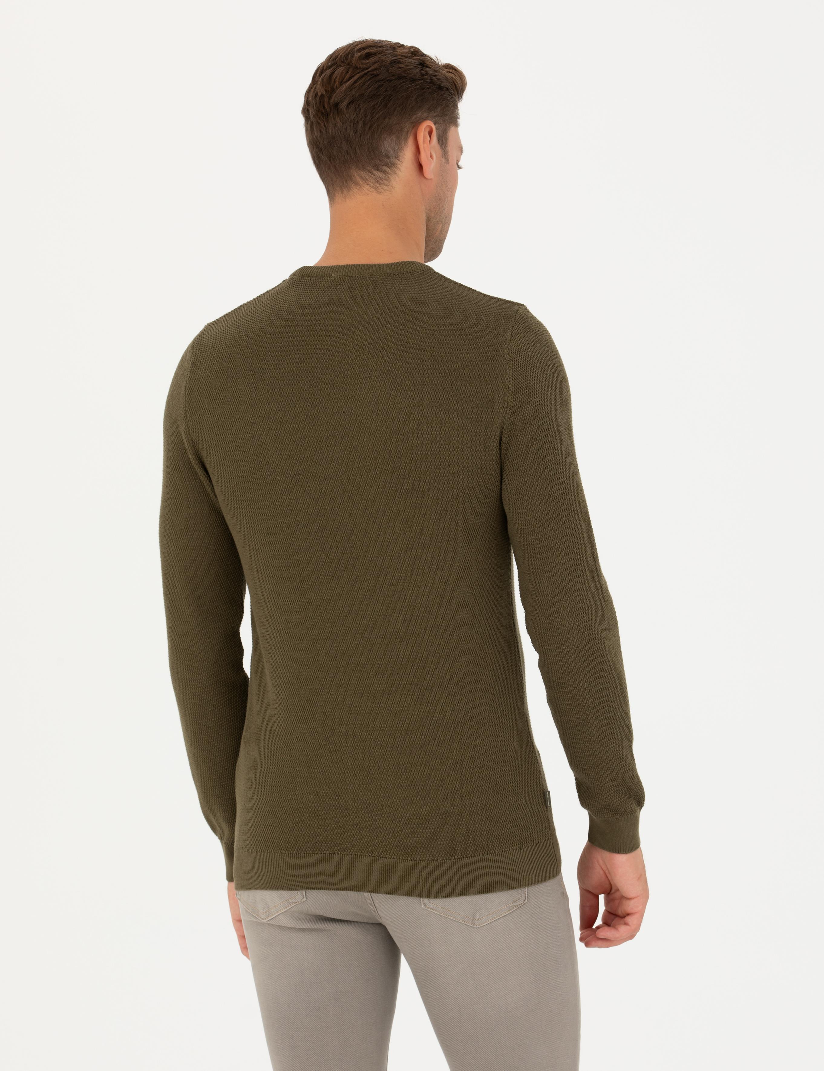 Koyu Haki Slim Fit Bisiklet Yaka Triko Kazak