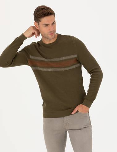 Koyu Haki Slim Fit Bisiklet Yaka Triko Kazak