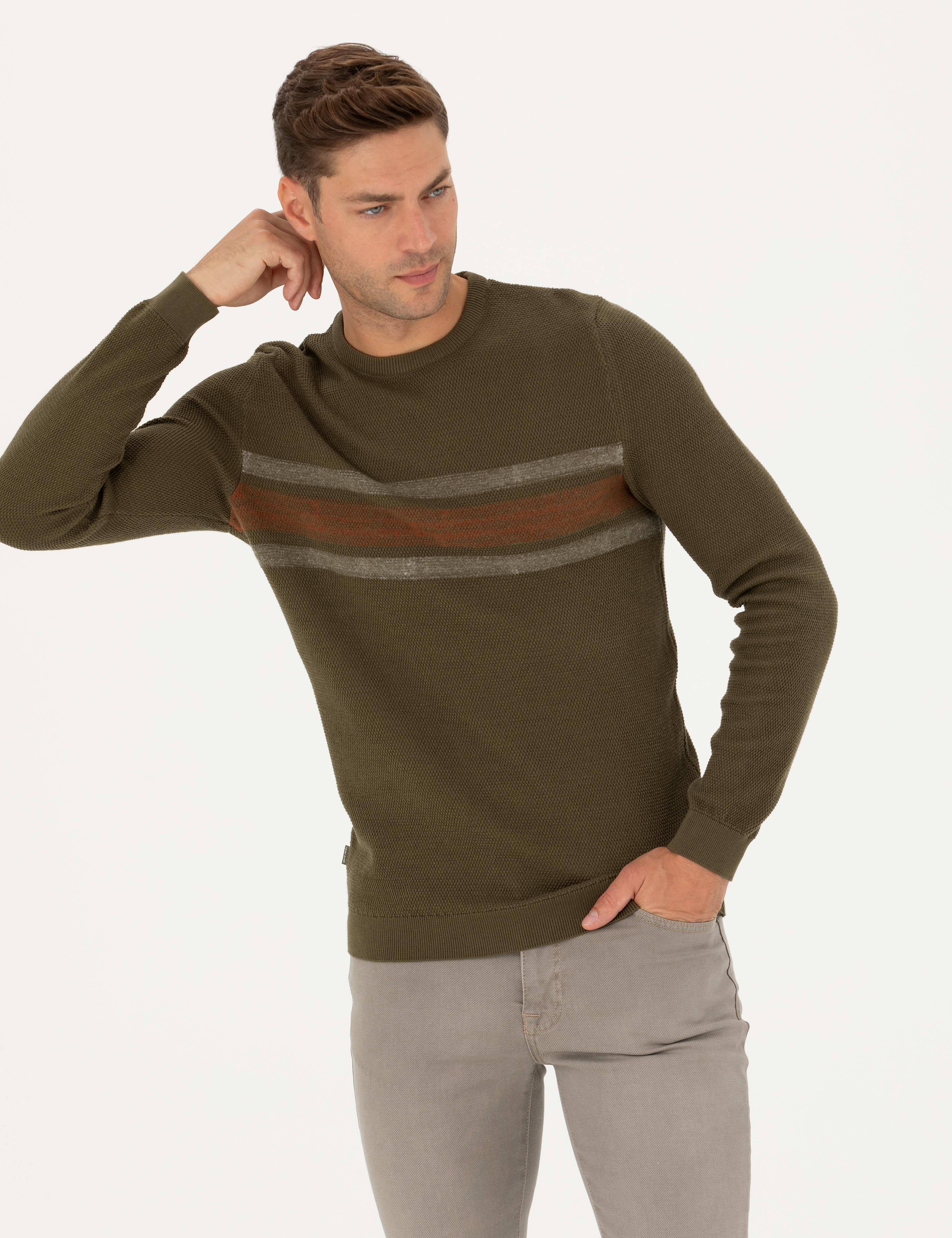 Koyu Haki Slim Fit Bisiklet Yaka Triko Kazak - Image 4