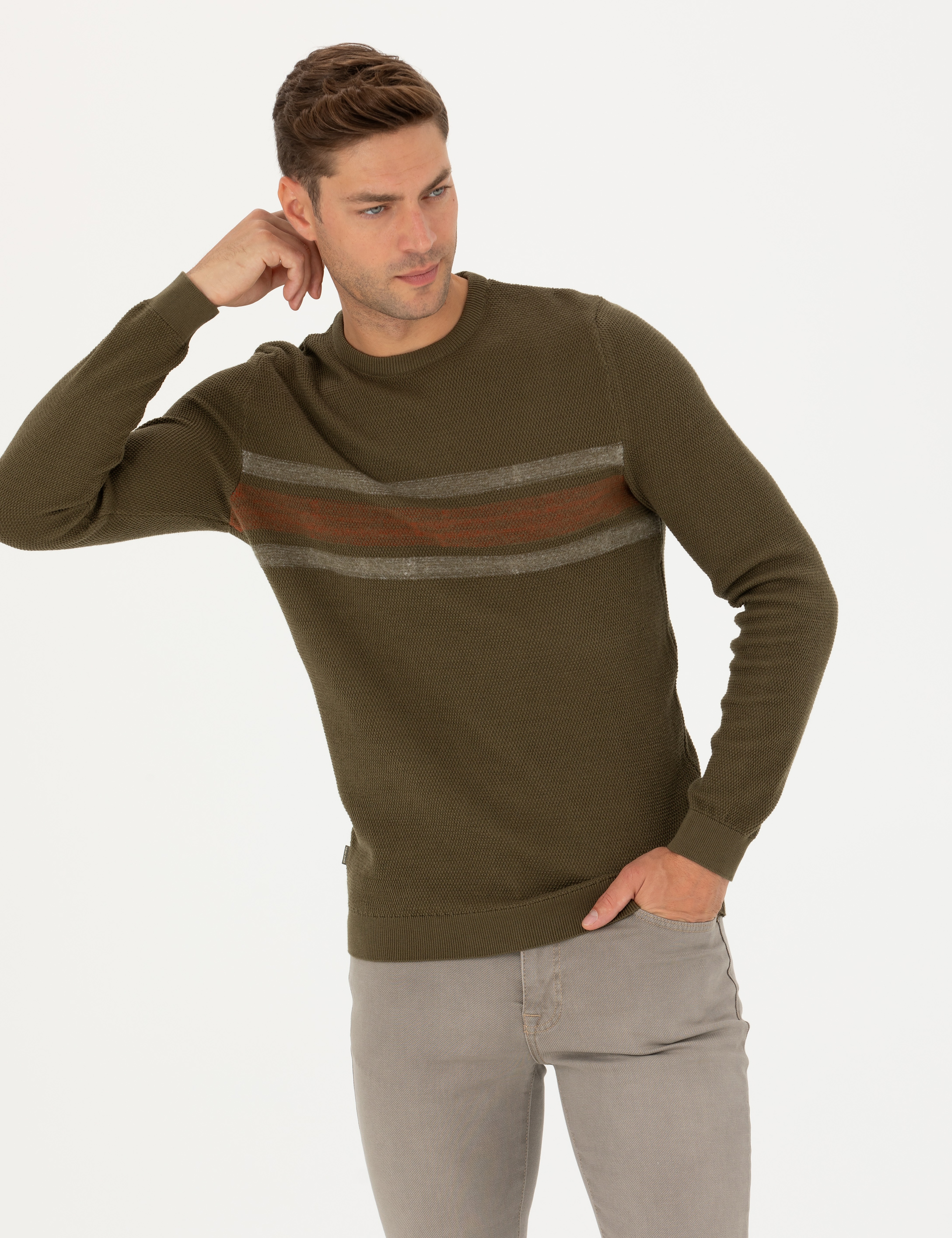 Koyu Haki Slim Fit Bisiklet Yaka Triko Kazak