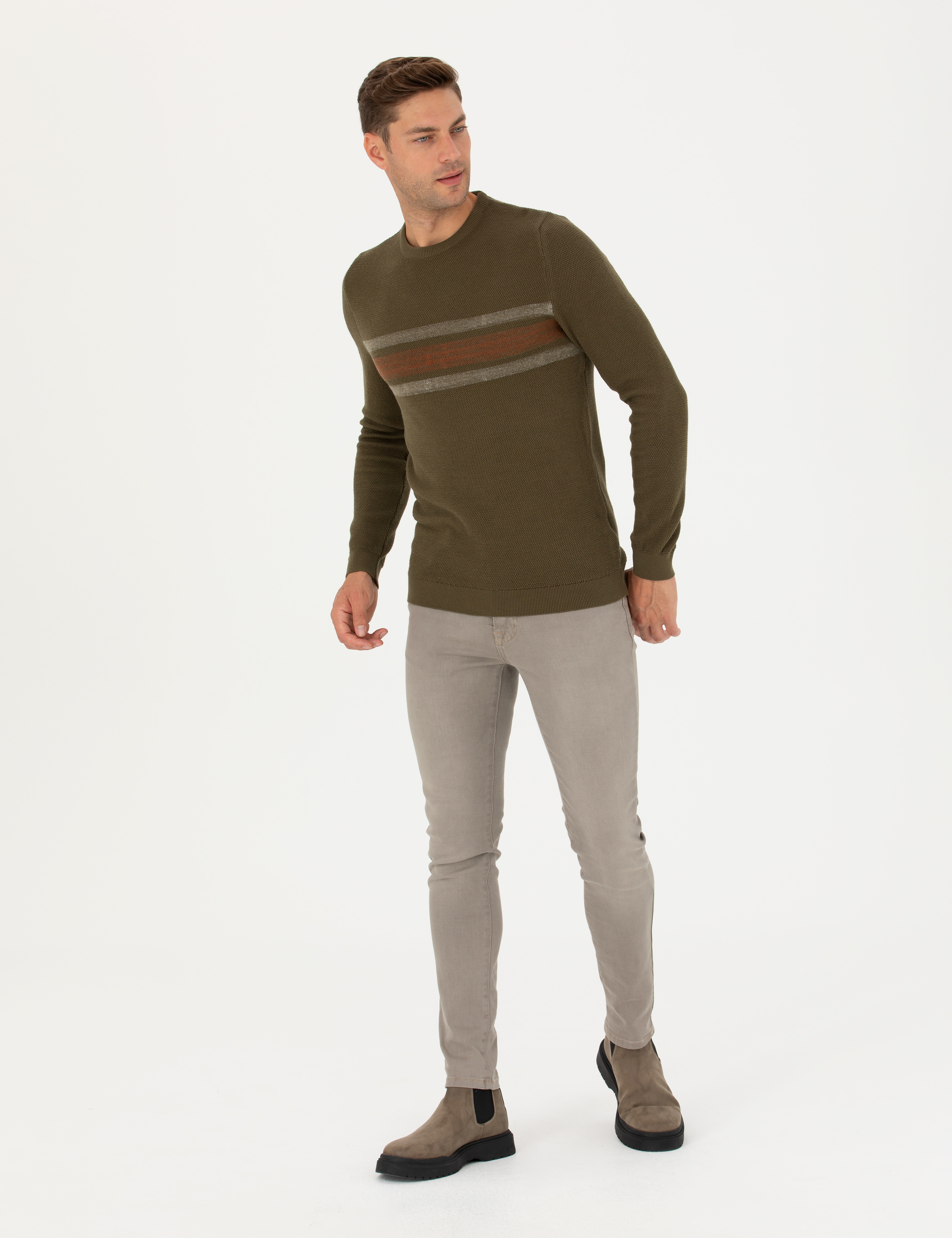Koyu Haki Slim Fit Bisiklet Yaka Triko Kazak - Image 5
