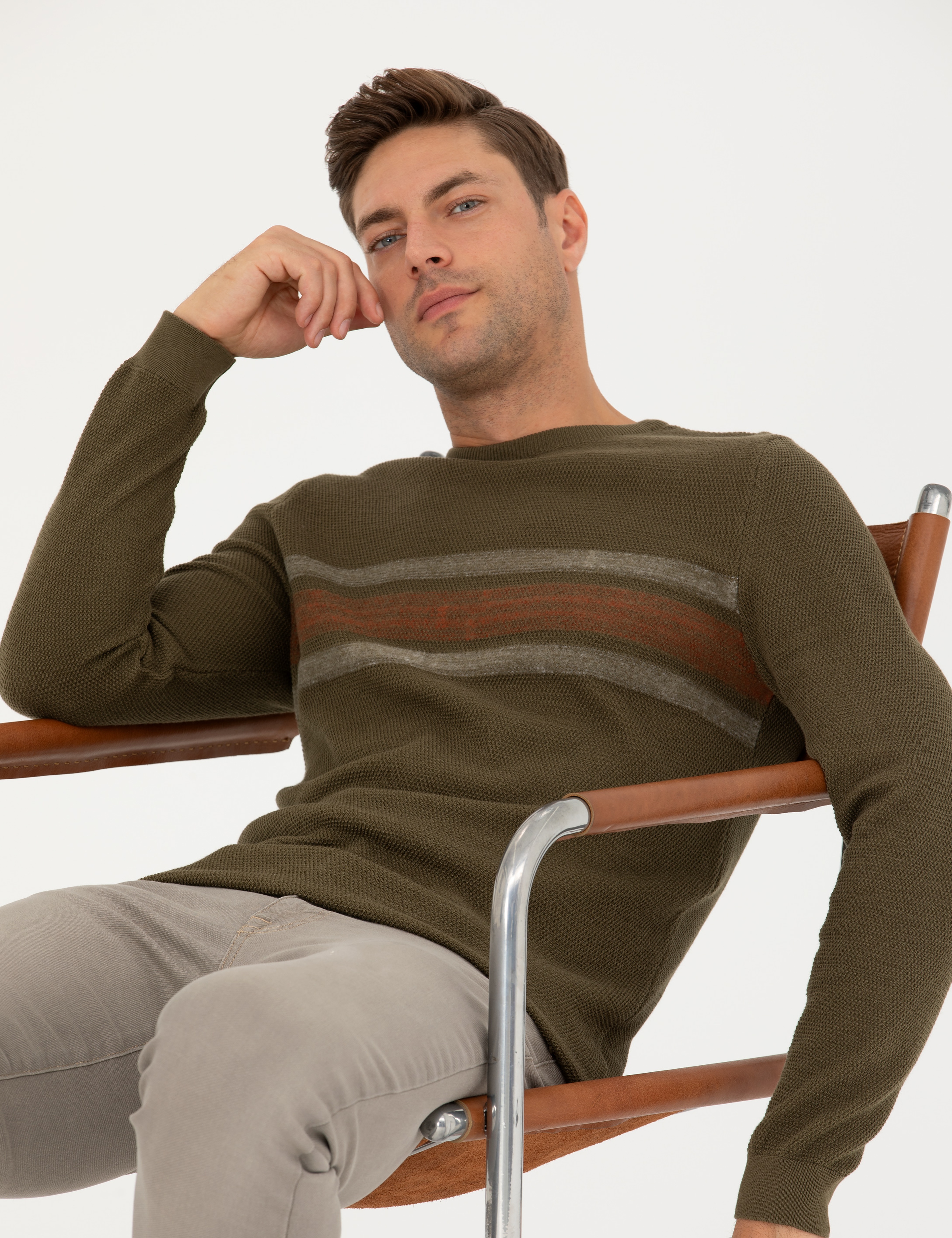 Koyu Haki Slim Fit Bisiklet Yaka Triko Kazak - Image 1