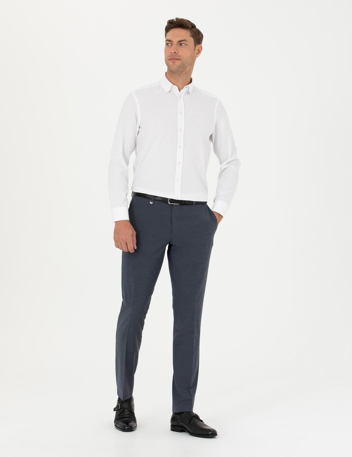 Koyu Mavi Slim Fit Yünlü Kumaş Pantolon