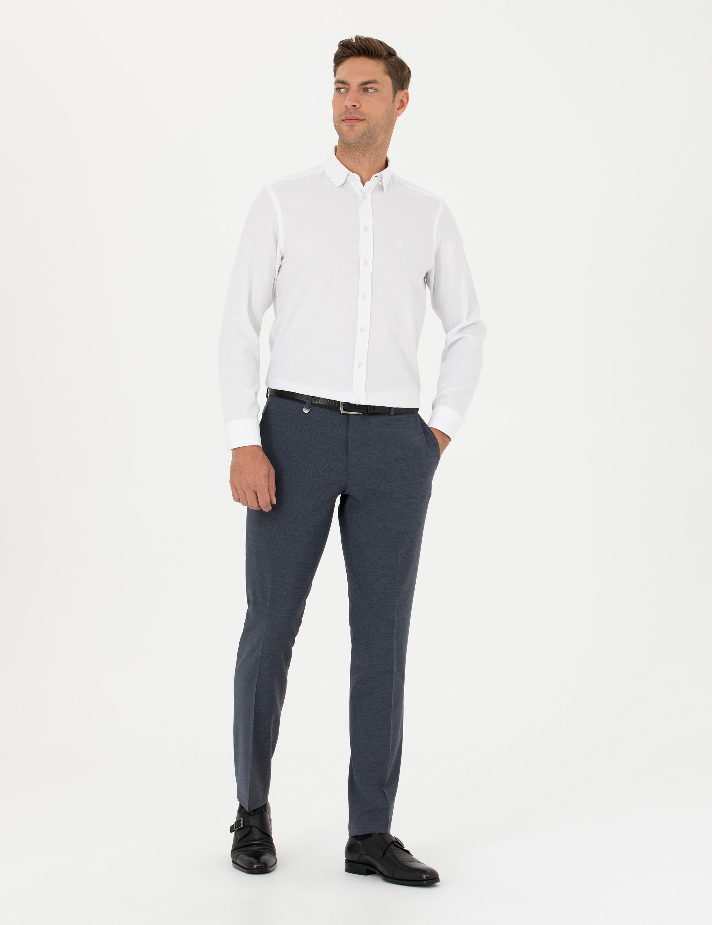 Koyu Mavi Slim Fit Yünlü Kumaş Pantolon