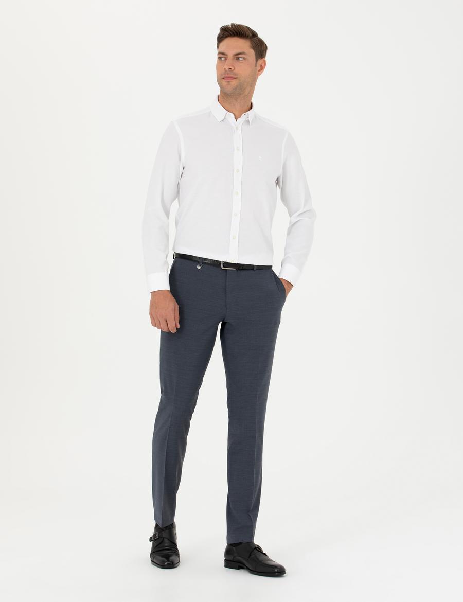 Koyu Mavi Slim Fit Yünlü Kumaş Pantolon