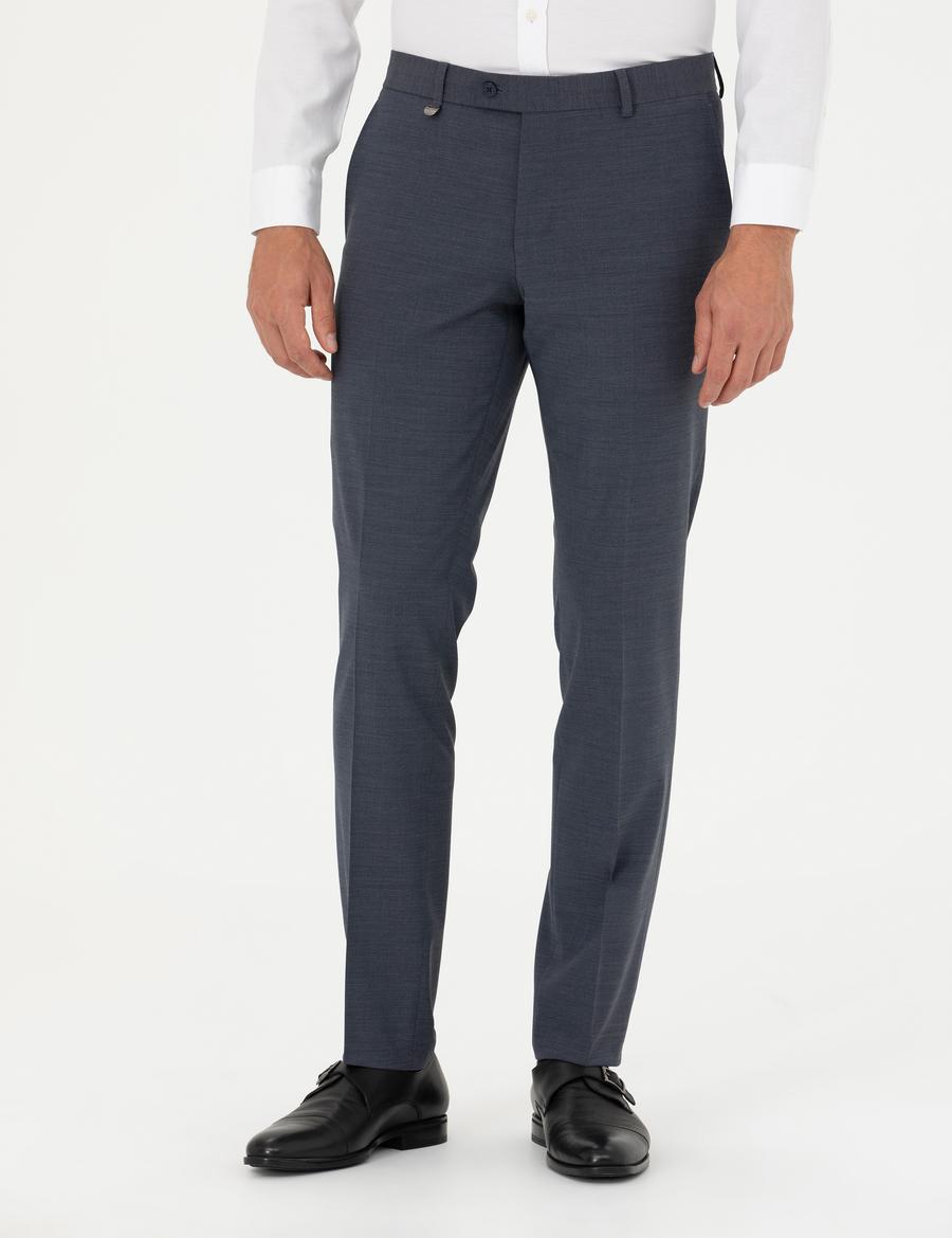 Koyu Mavi Slim Fit Yünlü Kumaş Pantolon