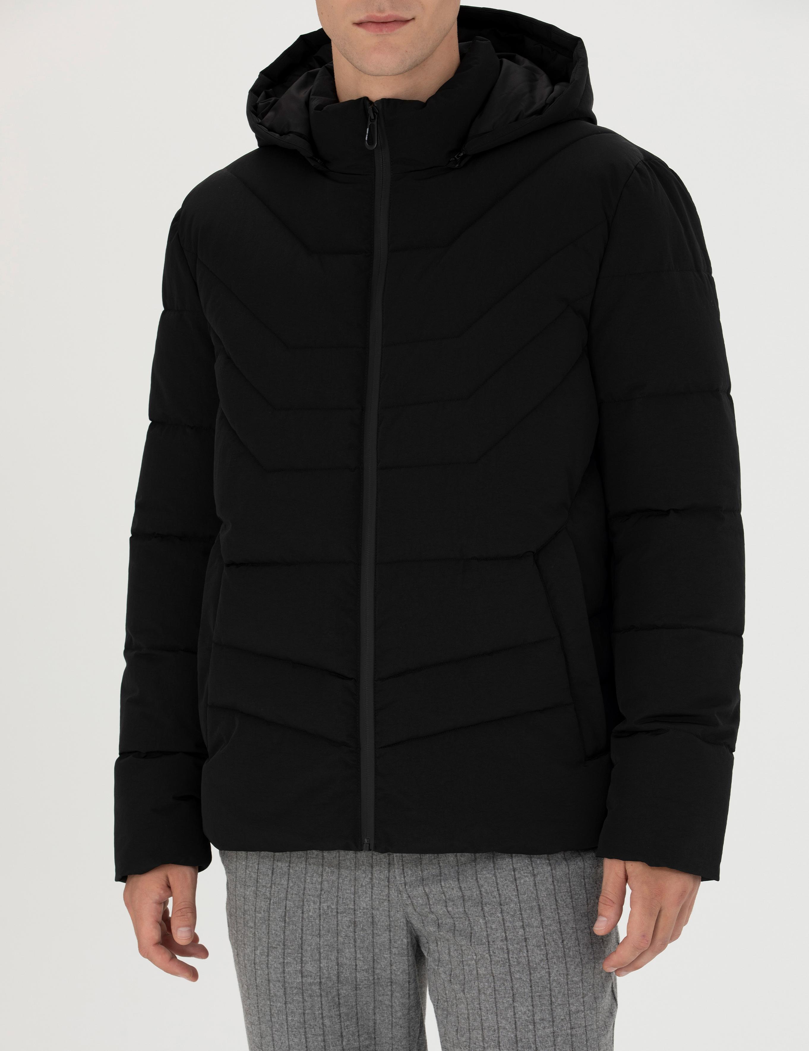 Siyah Gri Kapüşonlu Dolgulu Mont