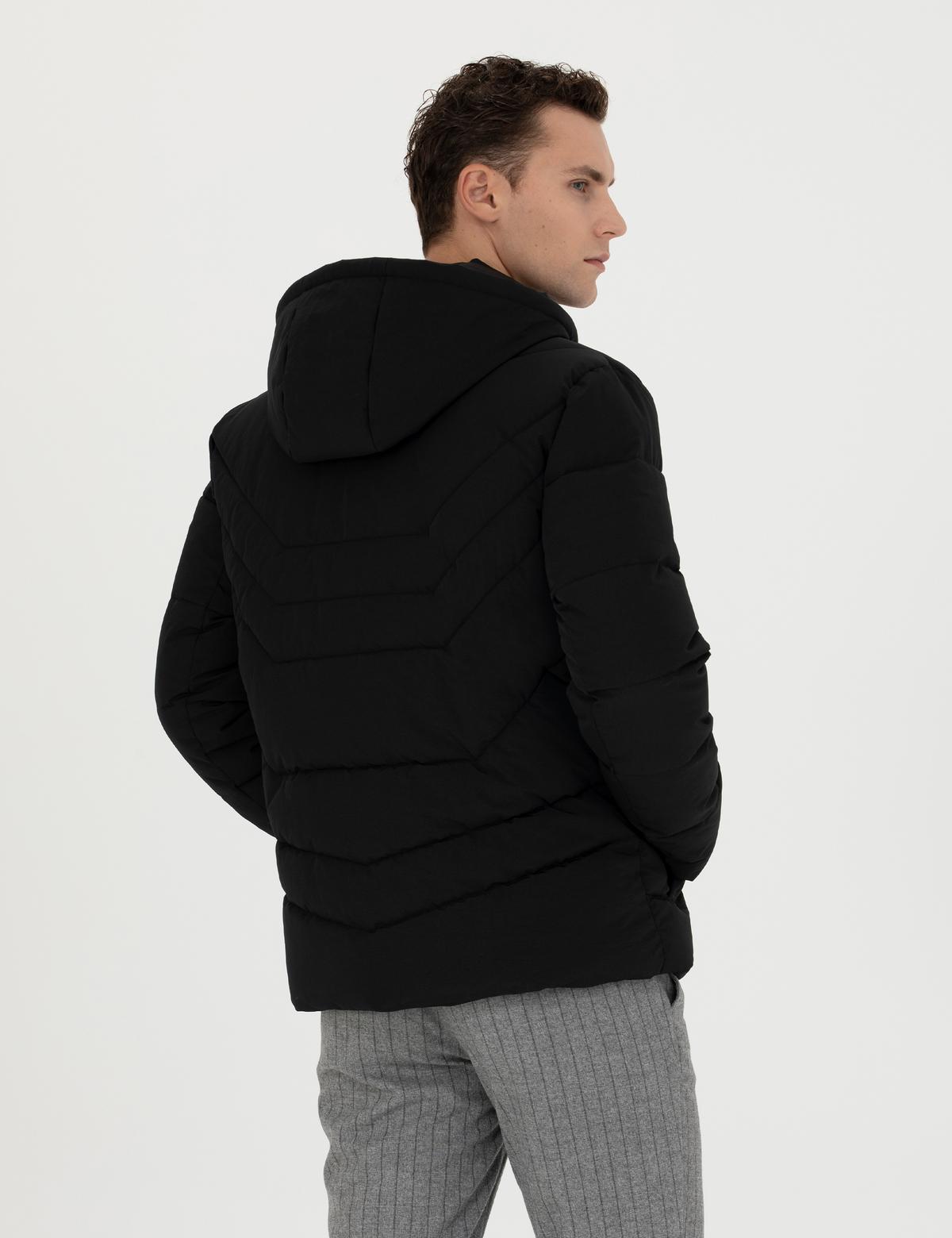 Siyah Gri Kapüşonlu Dolgulu Mont - 50276360021